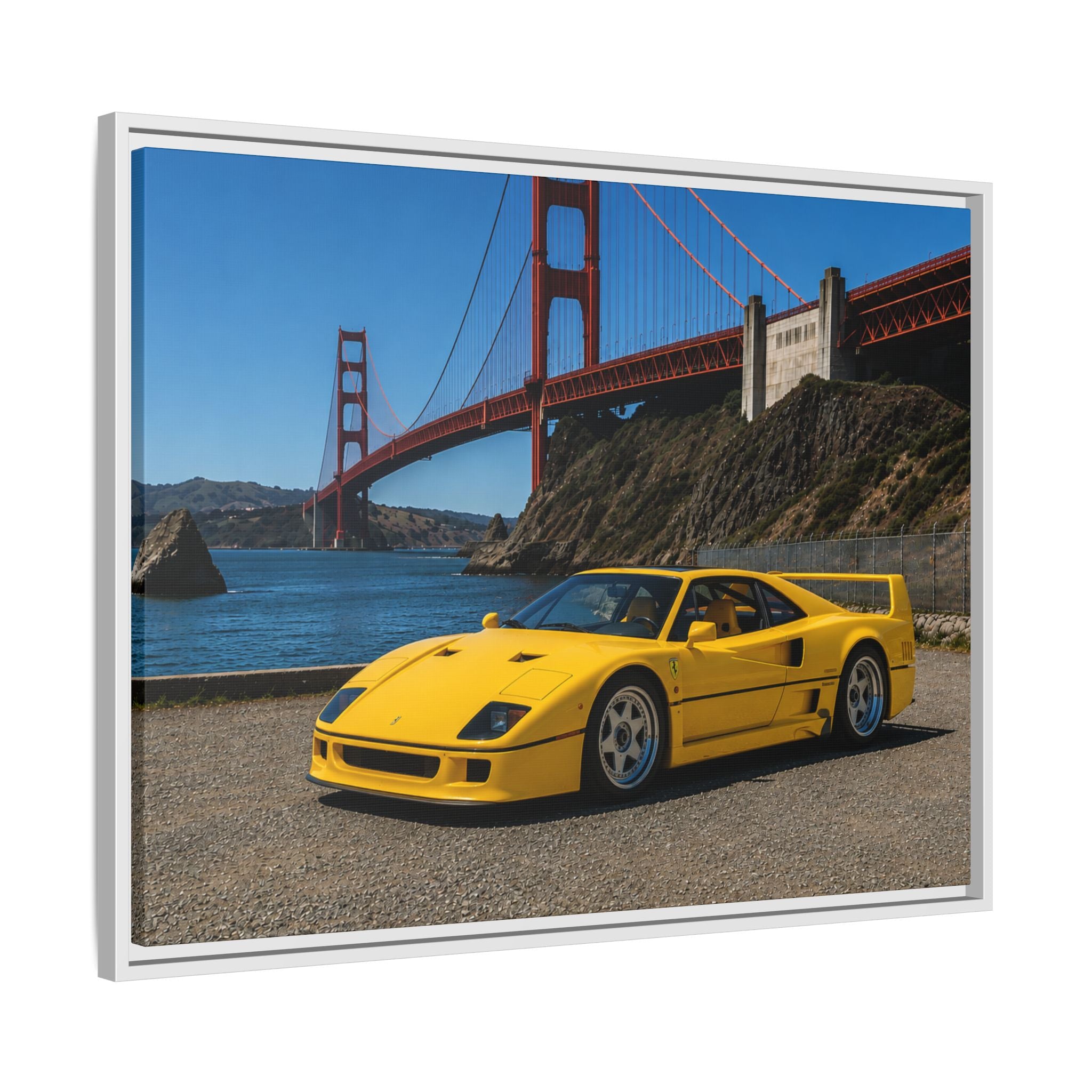 Ferrari 1987 F40 — Yellow Ferrari by the Golden Gate Bridge - Stunning Framed Canvas