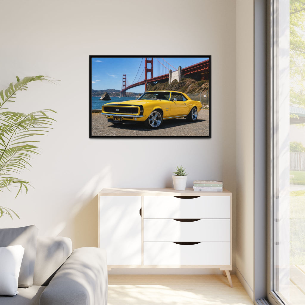 Camaro 1967 Framed Canvas – Yellow Classic "Bumble Bee" Camaro by Golden Gate Bridge