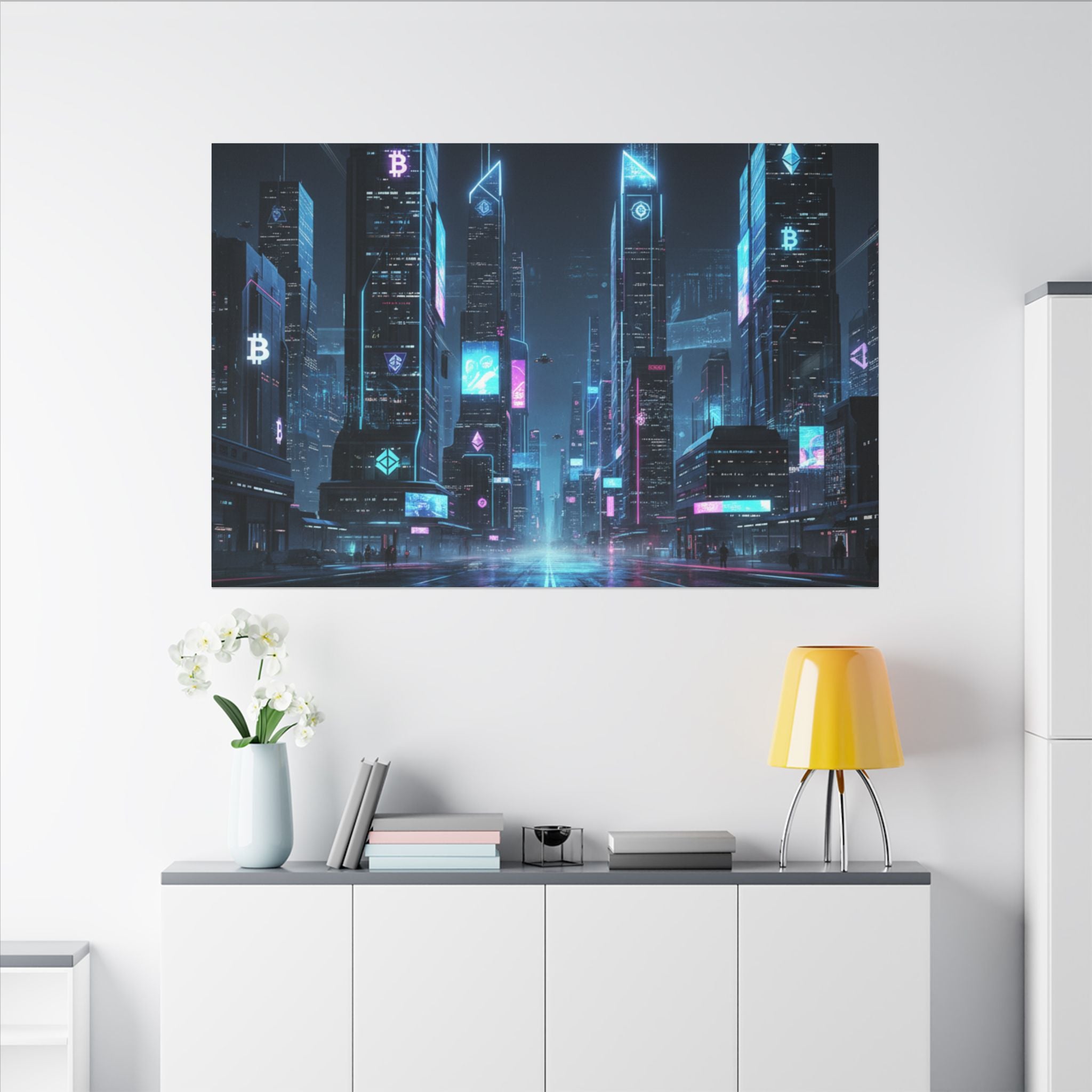 Cyberpunk Cityscape Matte Canvas Print — Neon Futuristic Skyline Wall Art