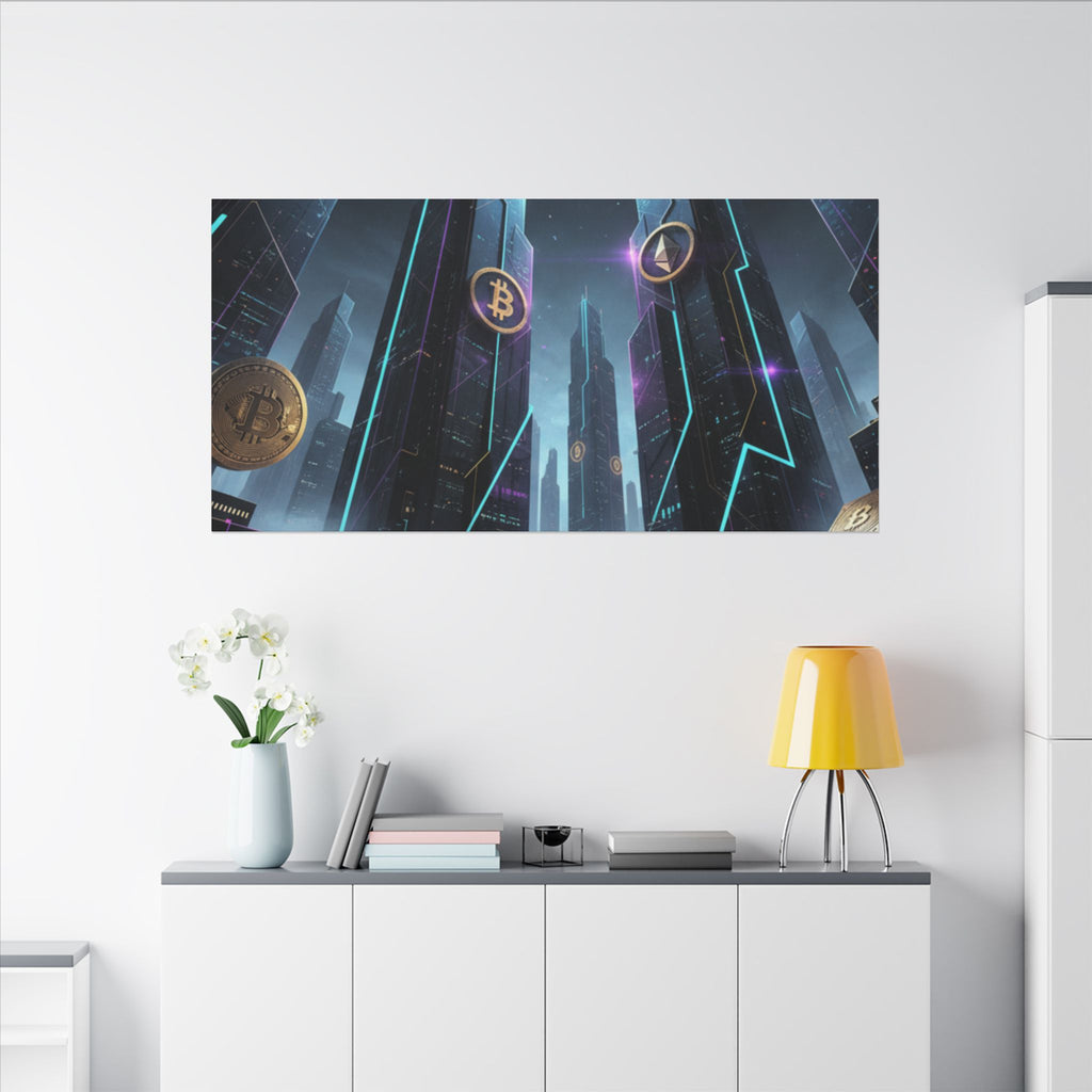 Crypto City Canvas Print — Futuristic Bitcoin & Ethereum Wall Art