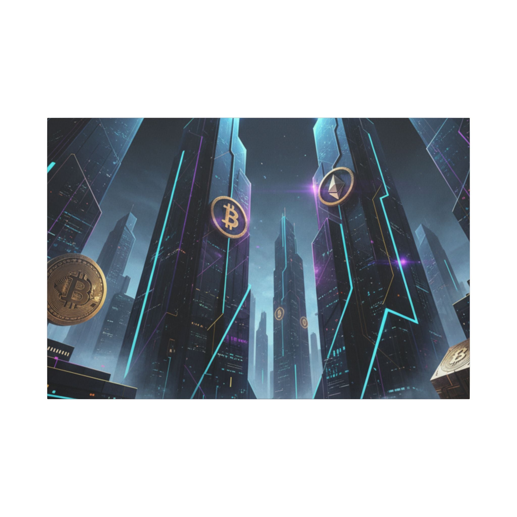 Crypto City Canvas Print — Futuristic Bitcoin & Ethereum Wall Art