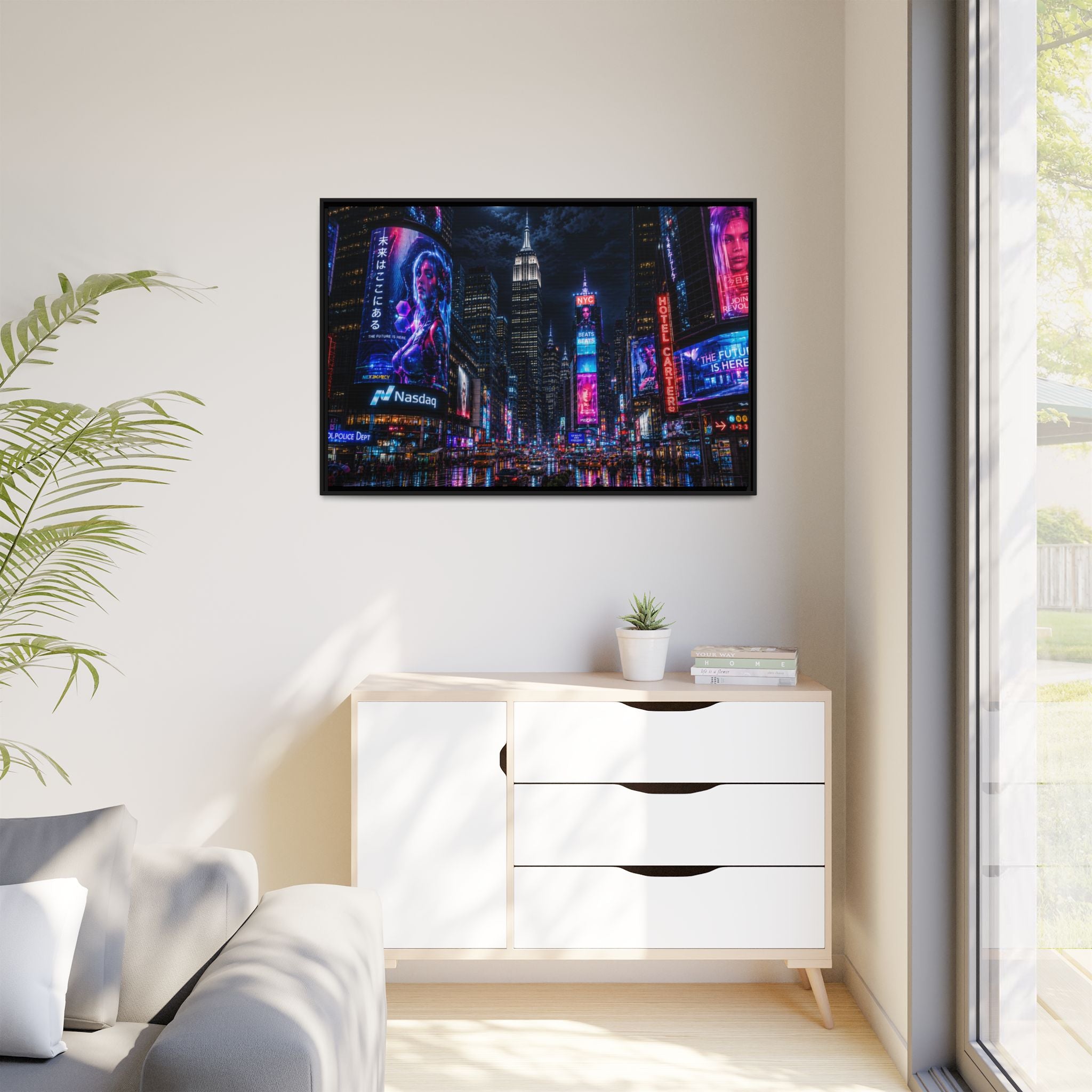 Time Square City Scape "Cyberpunk themed" Neon City Nights Matte Canvas Print (Framed)
