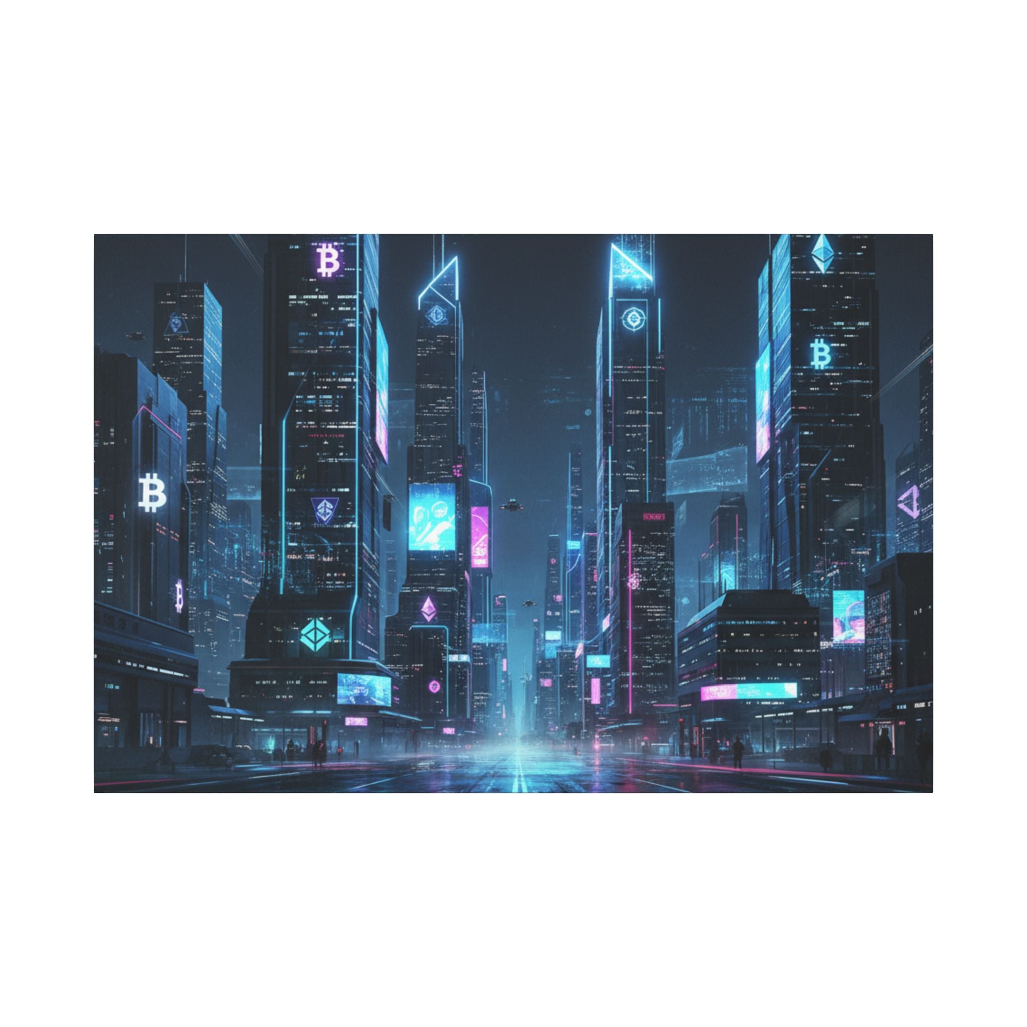 Cyberpunk Cityscape Matte Canvas Print — Neon Futuristic Skyline Wall Art