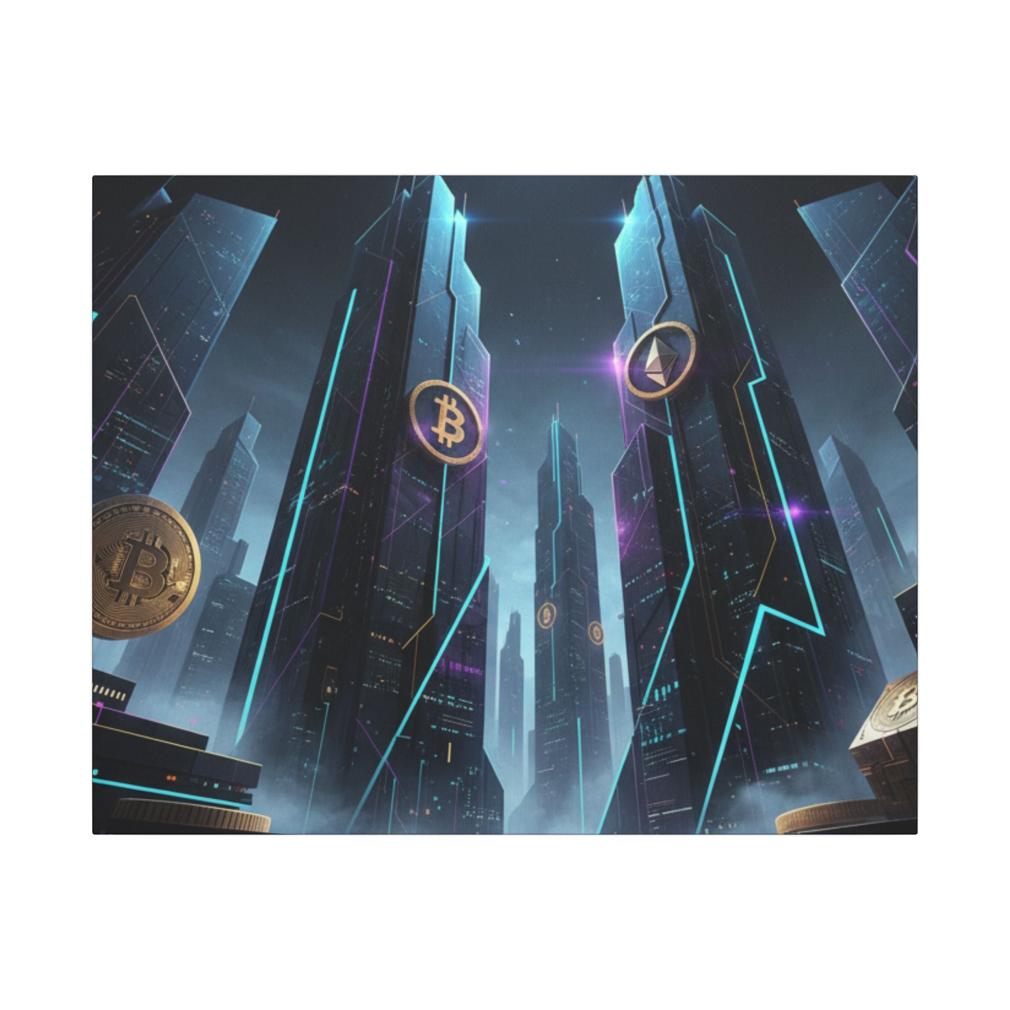 Crypto City Canvas Print — Futuristic Bitcoin & Ethereum Wall Art