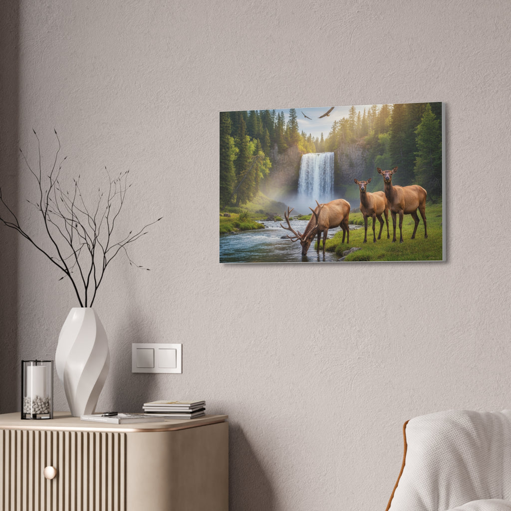 Elk Waterfall Canvas Print — Serene Wildlife Landscape Wall Art, 1.5" Stretched