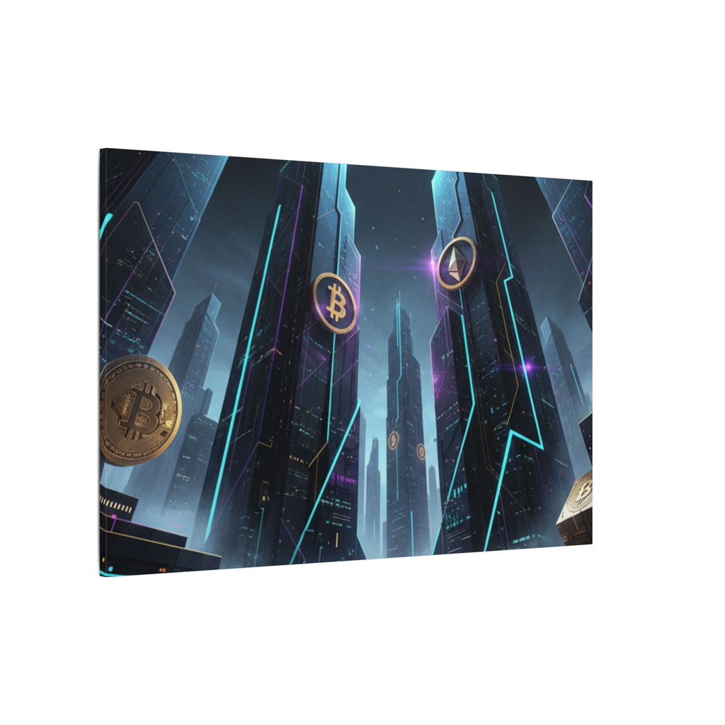 Crypto City Canvas Print — Futuristic Bitcoin & Ethereum Wall Art