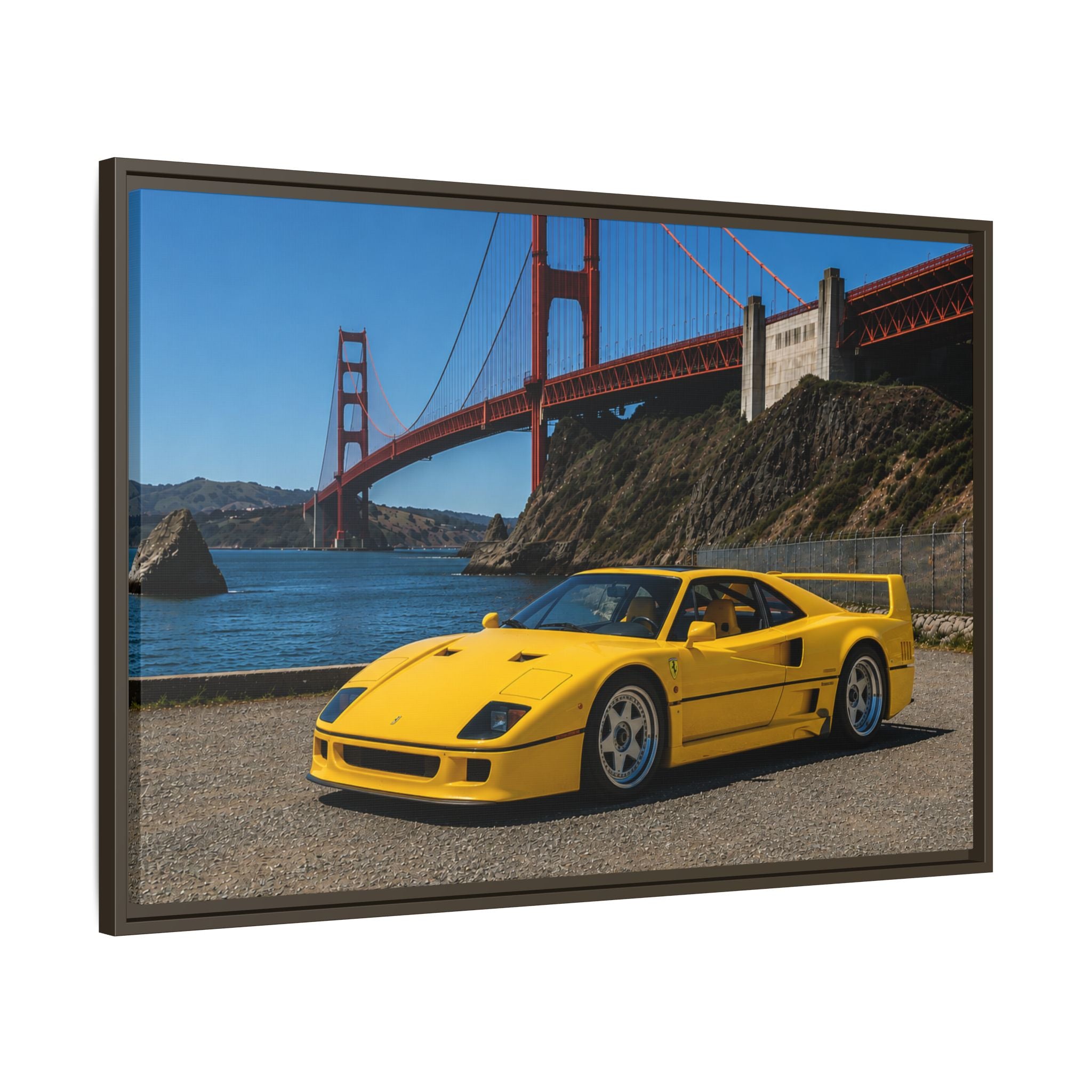 Ferrari 1987 F40 — Yellow Ferrari by the Golden Gate Bridge - Stunning Framed Canvas
