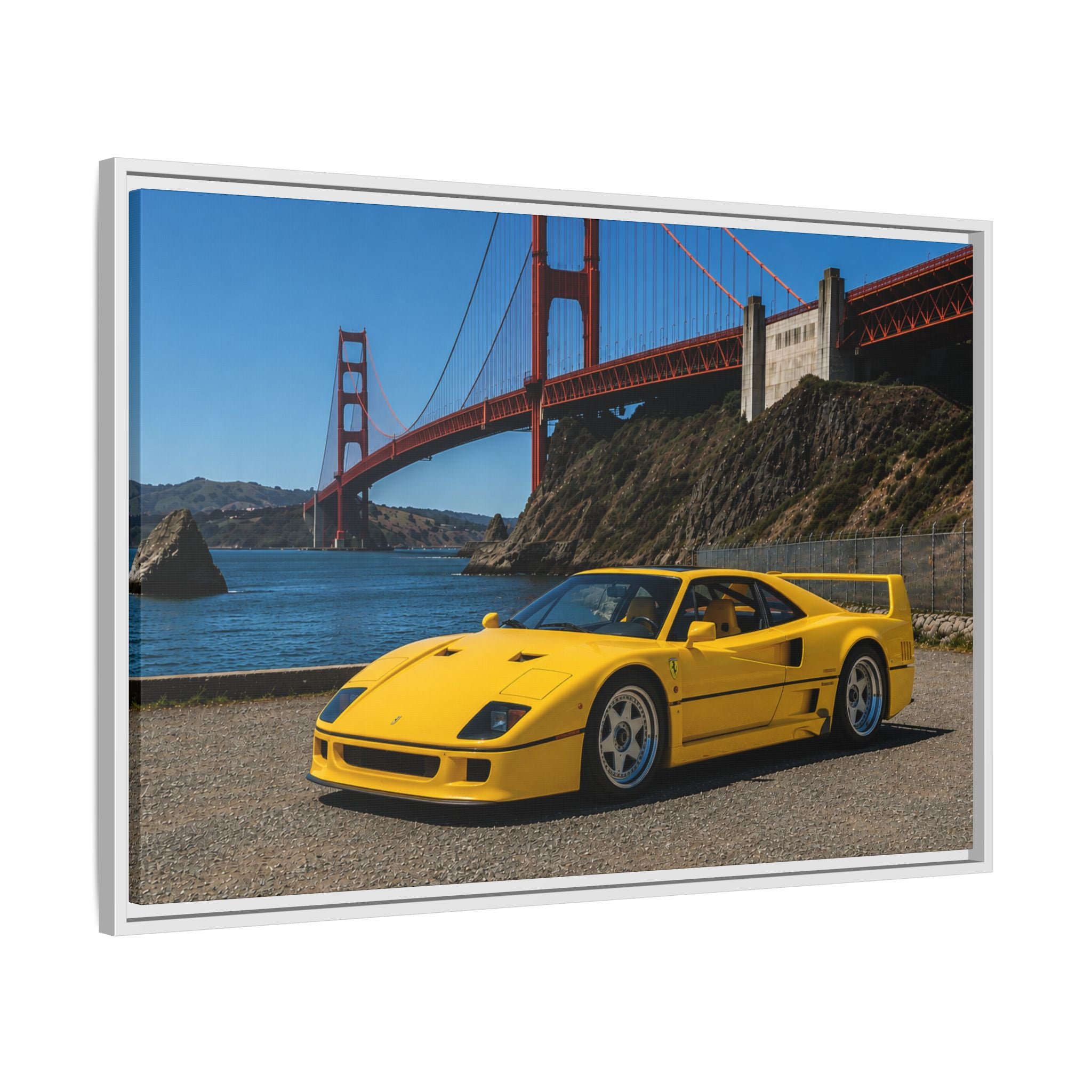 Ferrari 1987 F40 — Yellow Ferrari by the Golden Gate Bridge - Stunning Framed Canvas