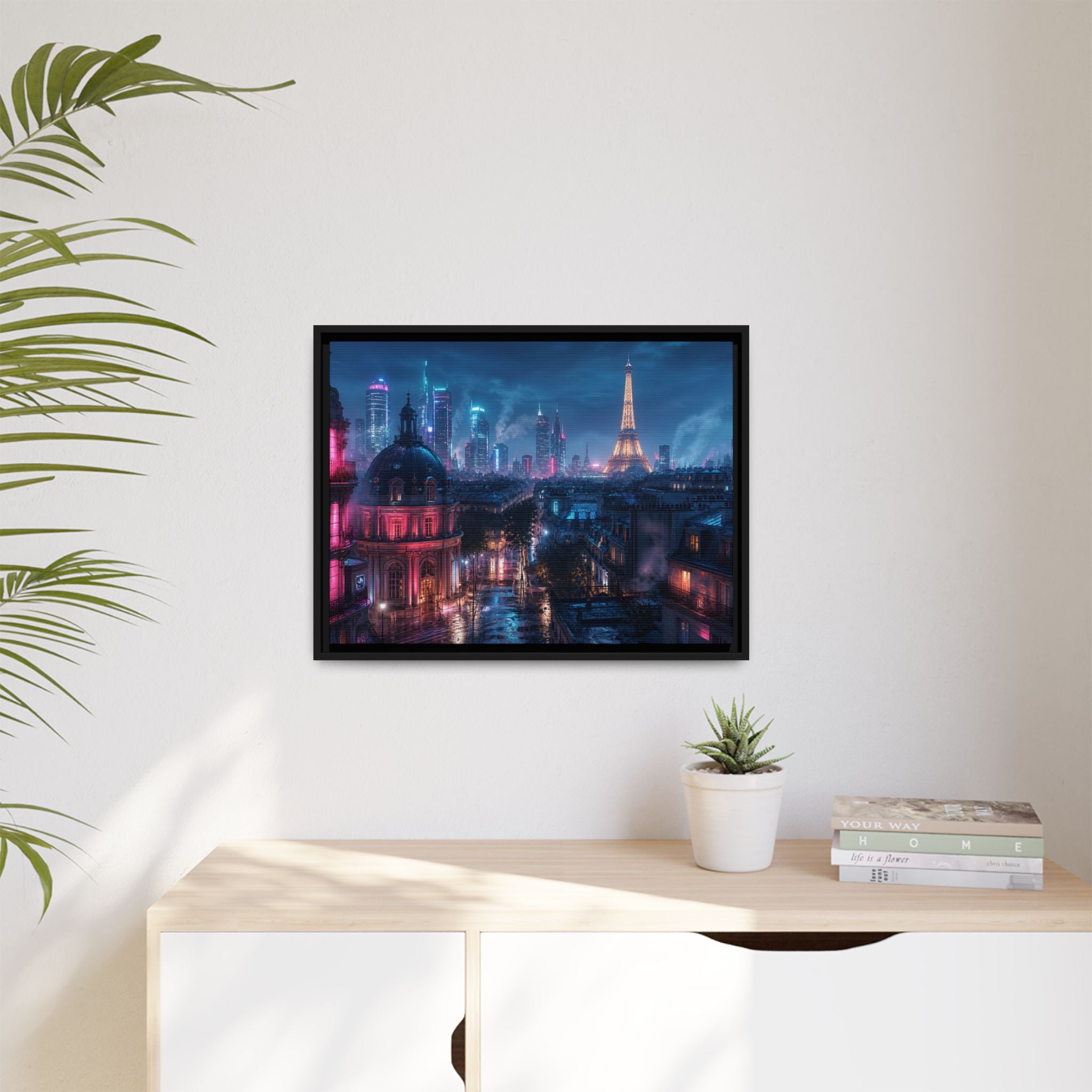 Paris Neon Night Canvas Wall Art Print Ready to Hang