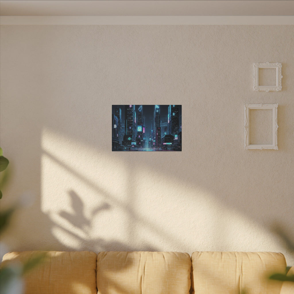 Cyberpunk Cityscape Matte Canvas Print — Neon Futuristic Skyline Wall Art