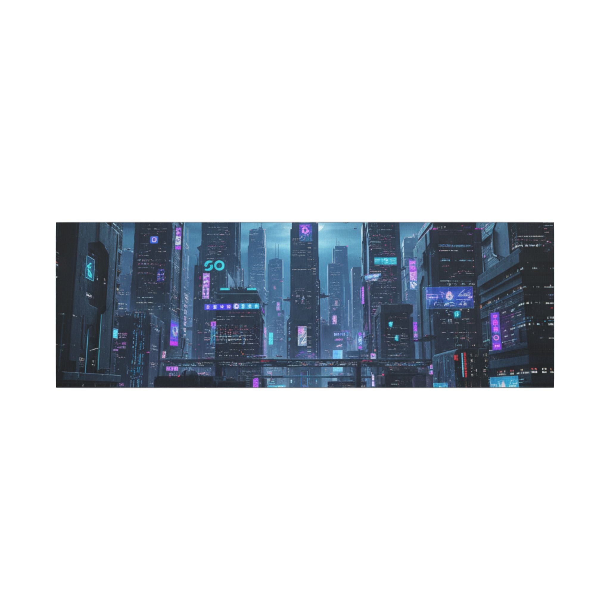 Cyberpunk Cityscape Matte Canvas Print — Neon Futuristic Wall Art