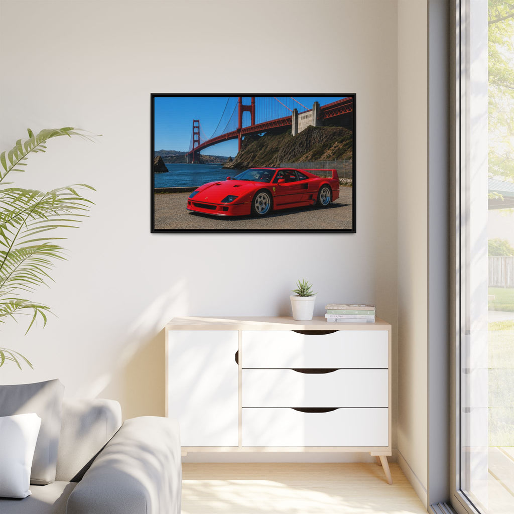 Ferrari F40 1987  — Red Sexy Sports Car by Golden Gate Bridge - Stunning Framed Canvas