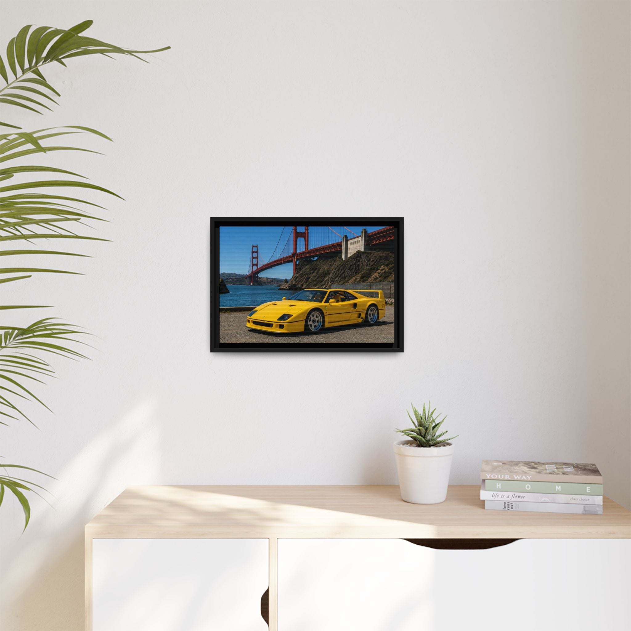 Ferrari 1987 F40 — Yellow Ferrari by the Golden Gate Bridge - Stunning Framed Canvas