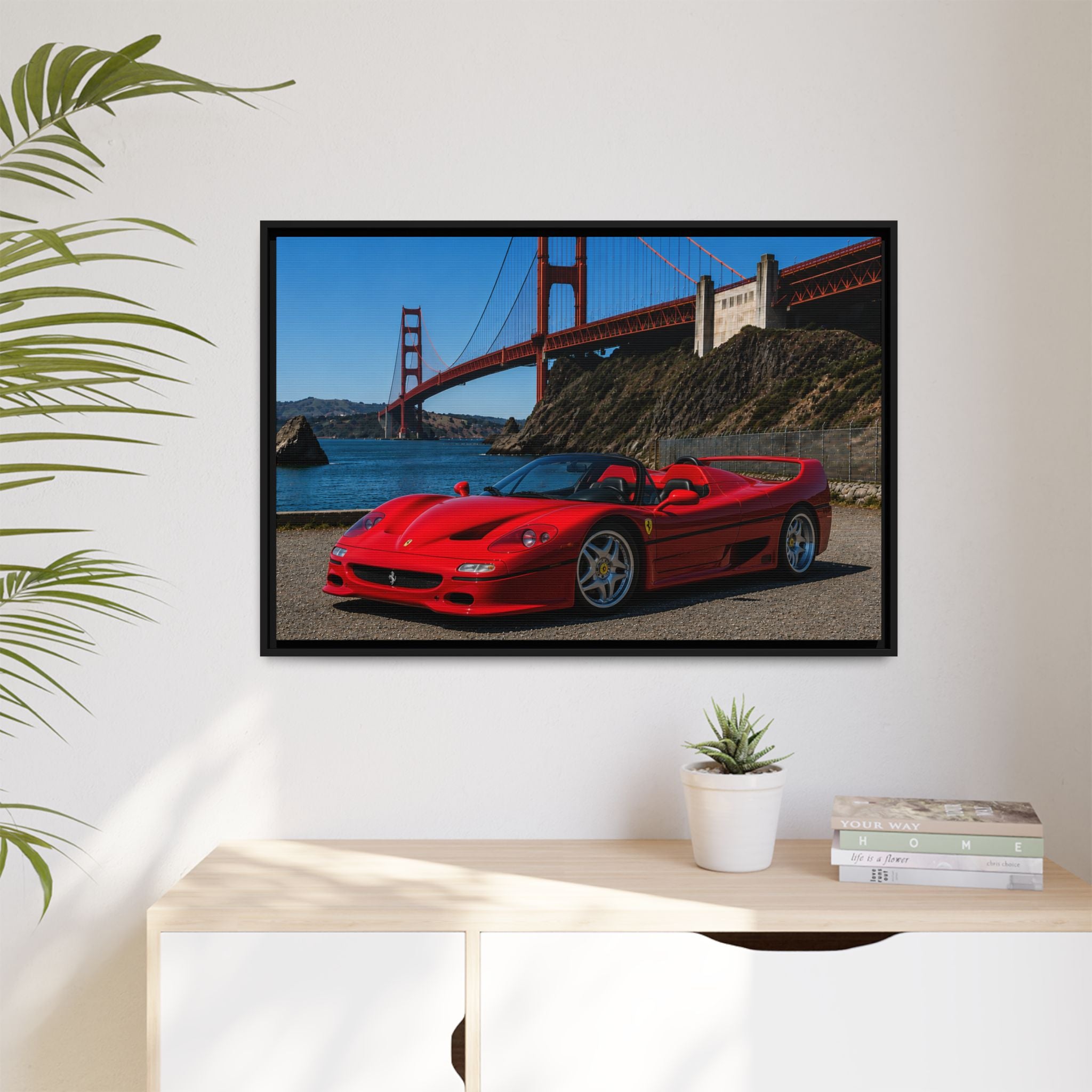 Ferrari F50 1995 Red - At Golden Gate Bridge - Stunning Framed Canvas Wall Art