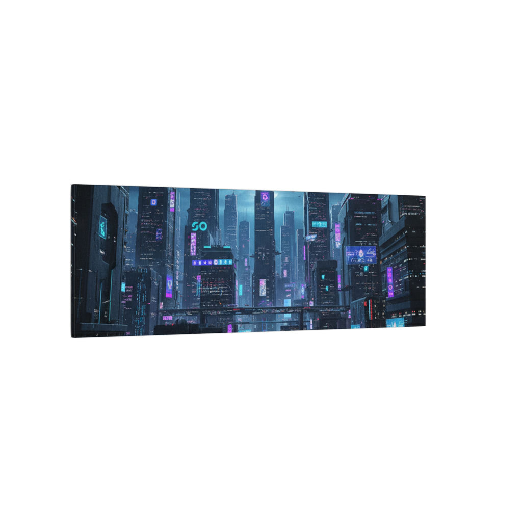 Cyberpunk Cityscape Matte Canvas Print — Neon Futuristic Wall Art