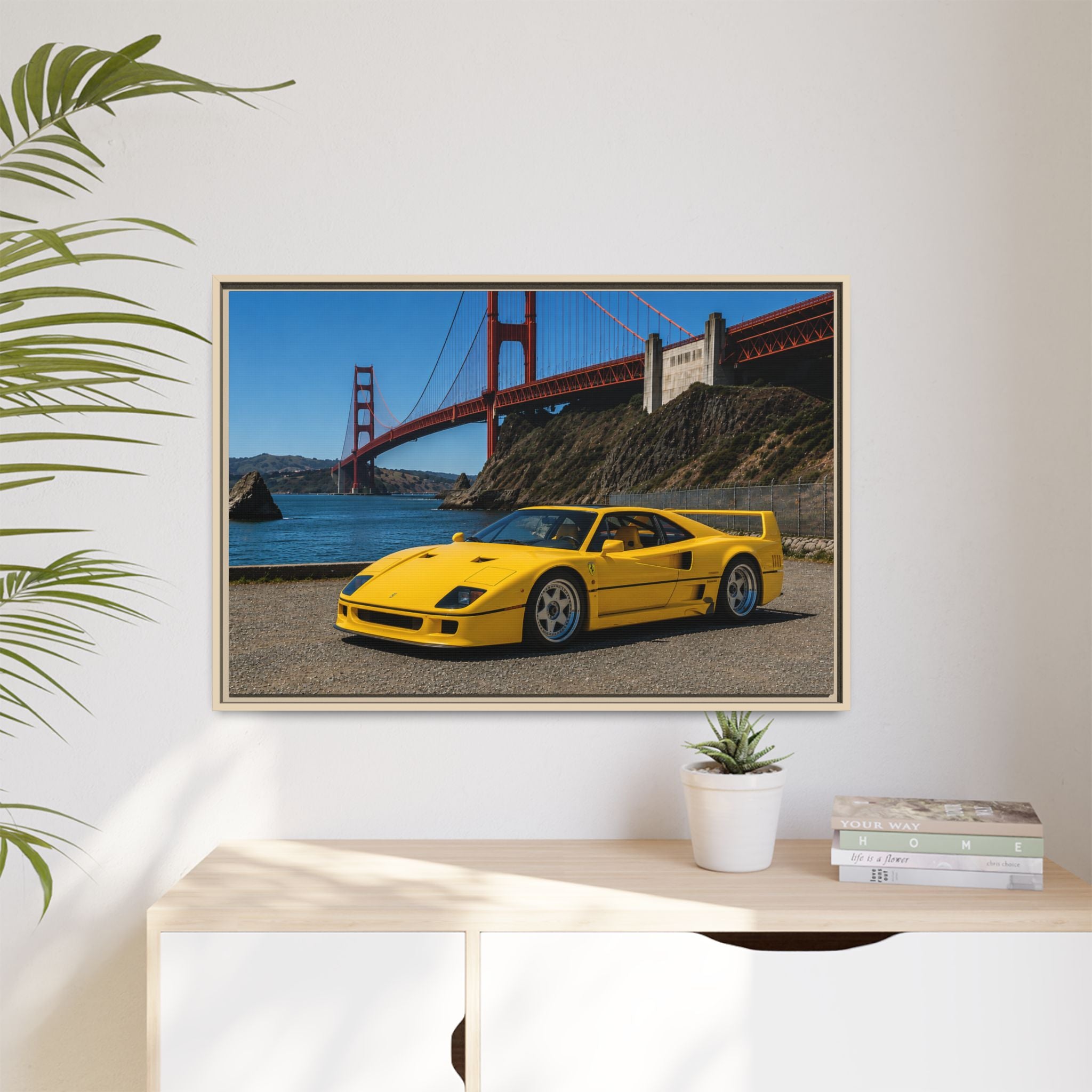 Ferrari 1987 F40 — Yellow Ferrari by the Golden Gate Bridge - Stunning Framed Canvas
