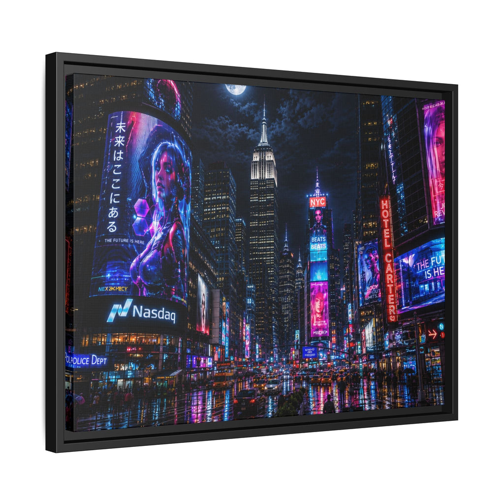 Time Square City Scape "Cyberpunk themed" Neon City Nights Matte Canvas Print (Framed)