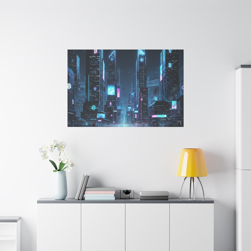 Cyberpunk Crypto Cityscape Canvas Print — Futuristic Neon Skyline Wall Art