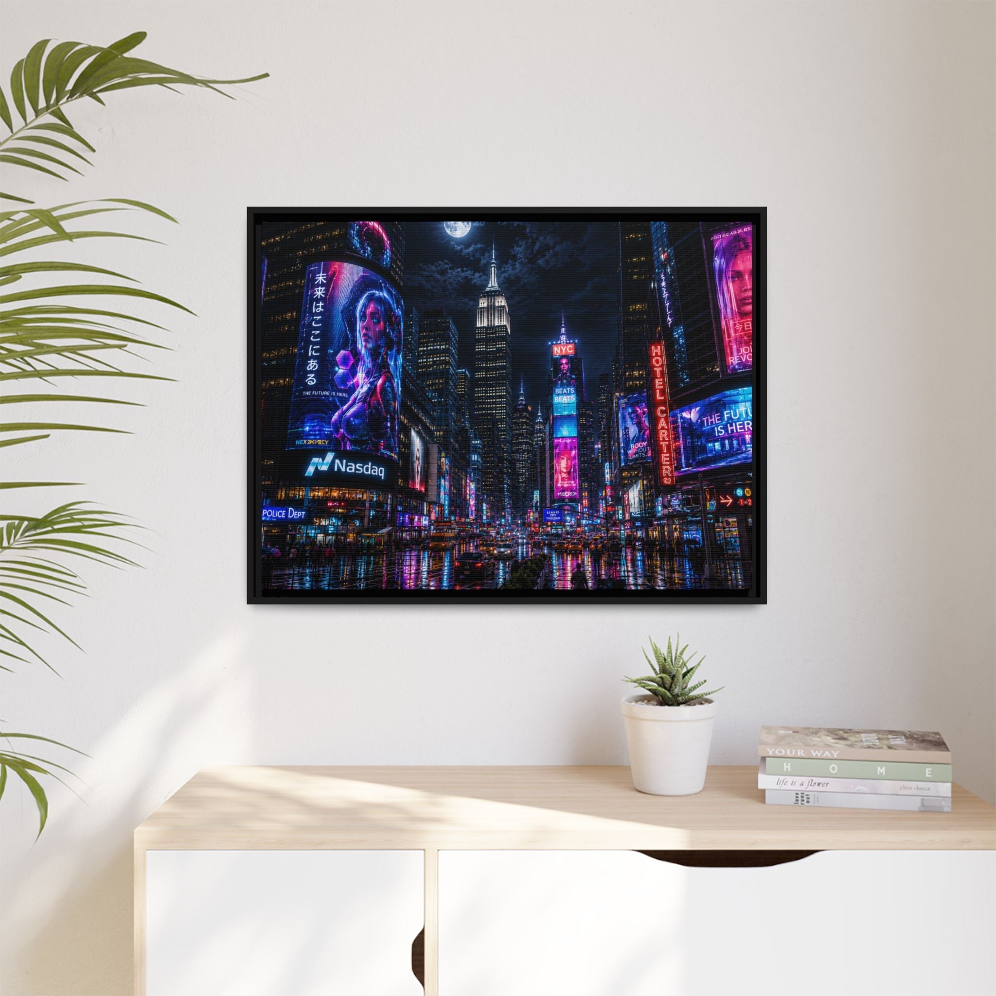 Time Square City Scape "Cyberpunk themed" Neon City Nights Matte Canvas Print (Framed)