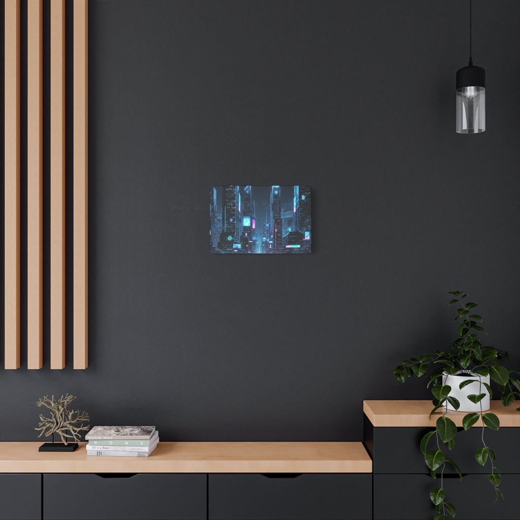 Cyberpunk Crypto Cityscape Canvas Print — Futuristic Neon Skyline Wall Art