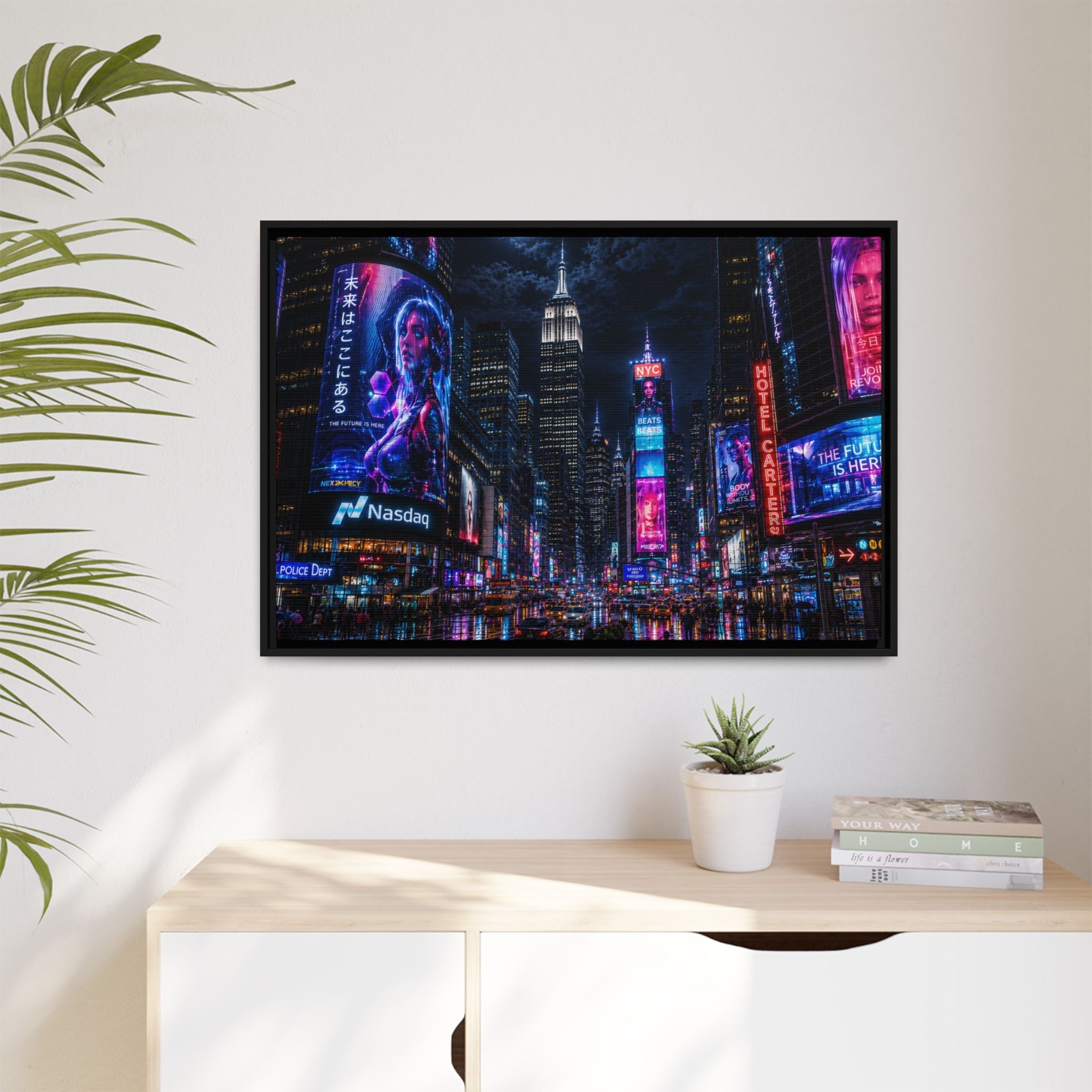 Time Square City Scape "Cyberpunk themed" Neon City Nights Matte Canvas Print (Framed)