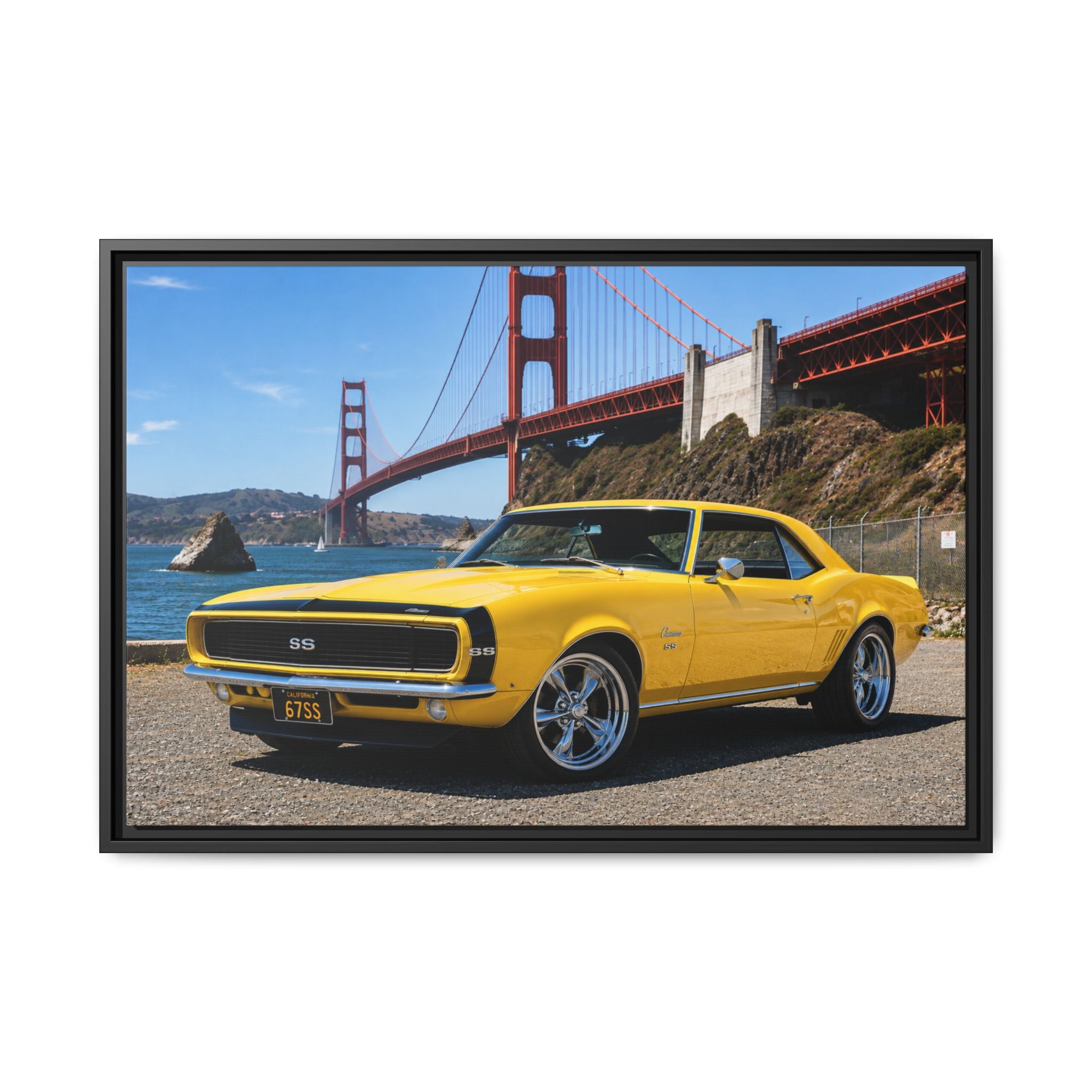 Camaro 1967 Framed Canvas – Yellow Classic "Bumble Bee" Camaro by Golden Gate Bridge