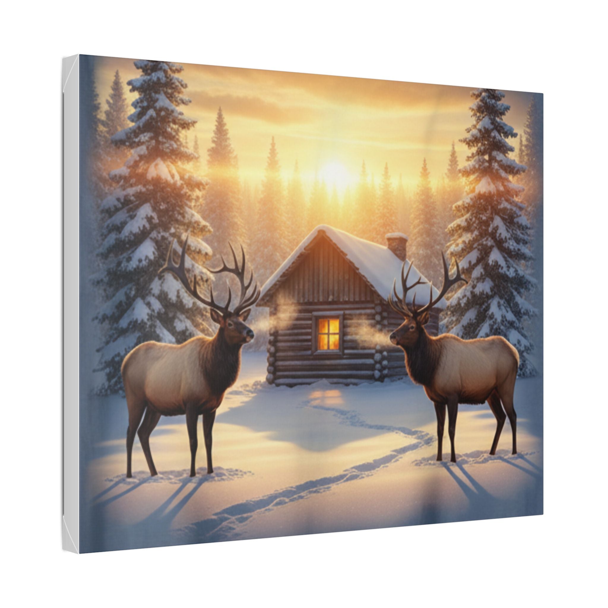 Winter Cabin Elk Canvas Wall Art – Cozy Snowy Forest Sunset Print