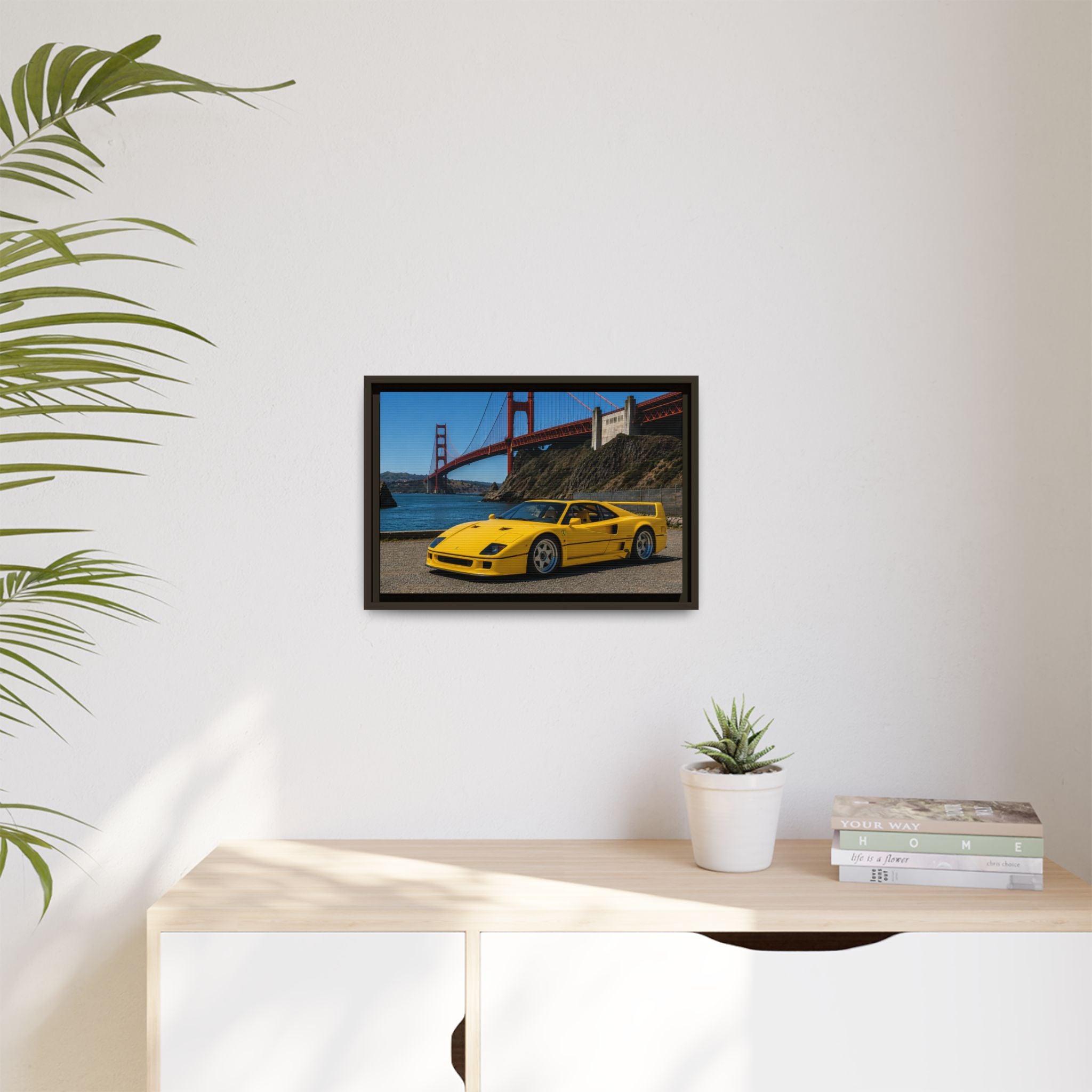 Ferrari 1987 F40 — Yellow Ferrari by the Golden Gate Bridge - Stunning Framed Canvas