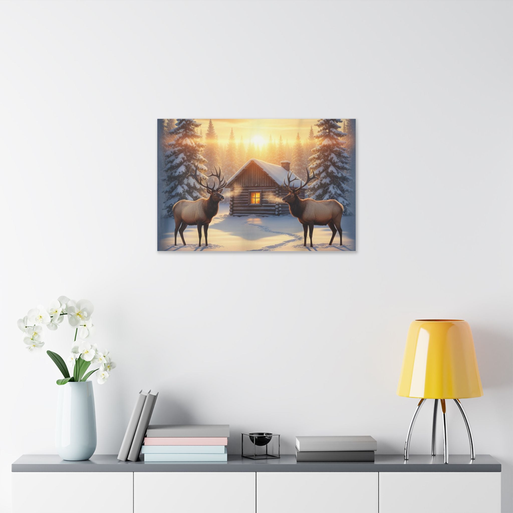 Winter Cabin Elk Canvas Wall Art – Cozy Snowy Forest Sunset Print