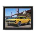 Camaro 1967 Framed Canvas – Yellow Classic "Bumble Bee" Camaro by Golden Gate Bridge