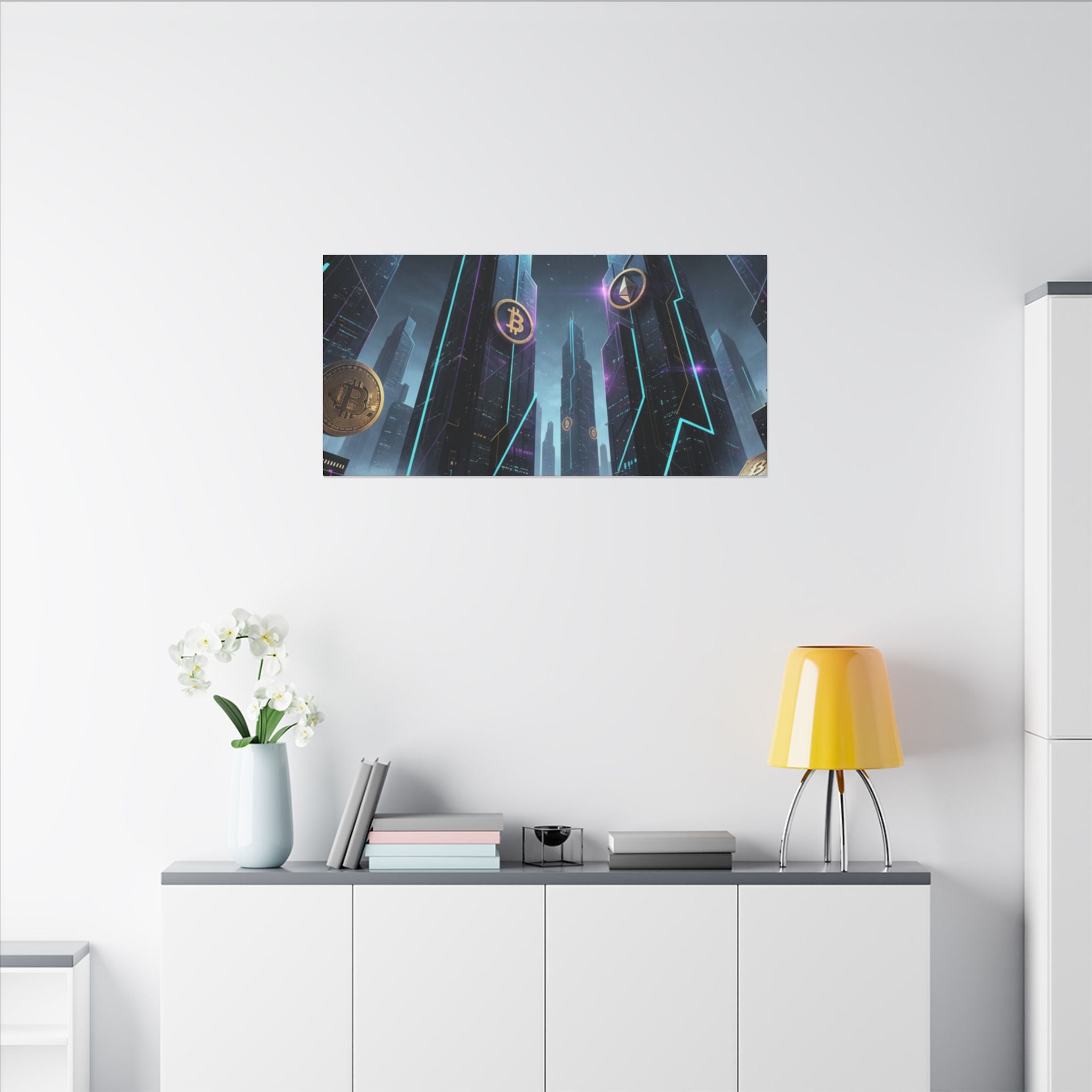 Crypto City Canvas Print — Futuristic Bitcoin & Ethereum Wall Art