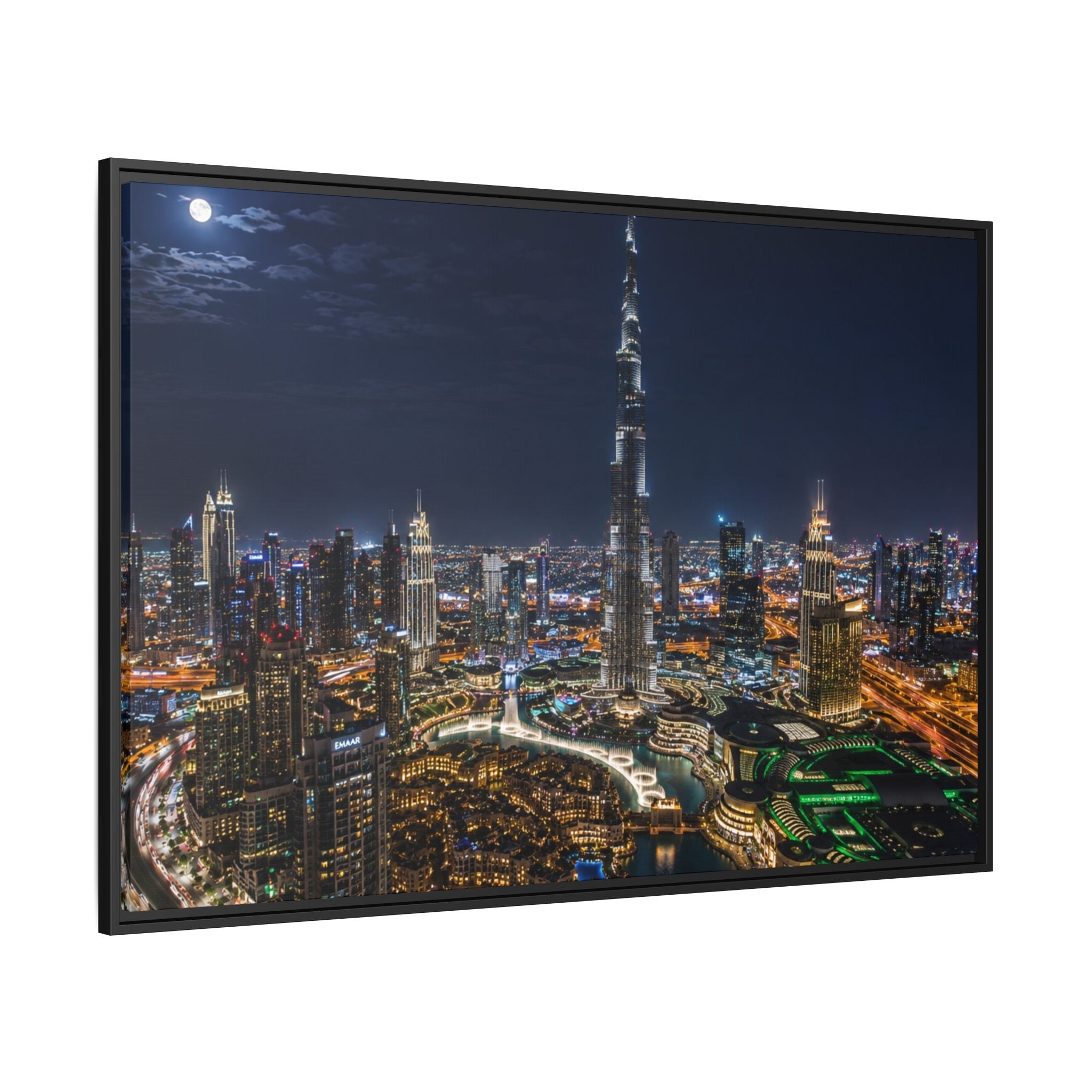 Dubai Night Skyline Matte Framed Canvas Print