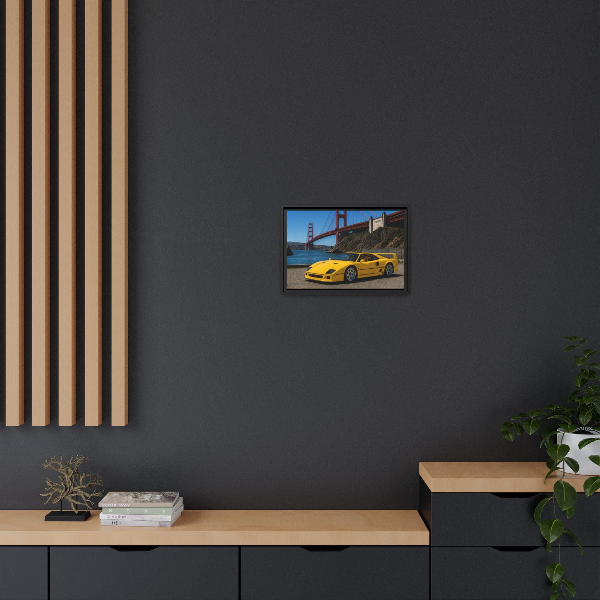 Ferrari 1987 F40 — Yellow Ferrari by the Golden Gate Bridge - Stunning Framed Canvas