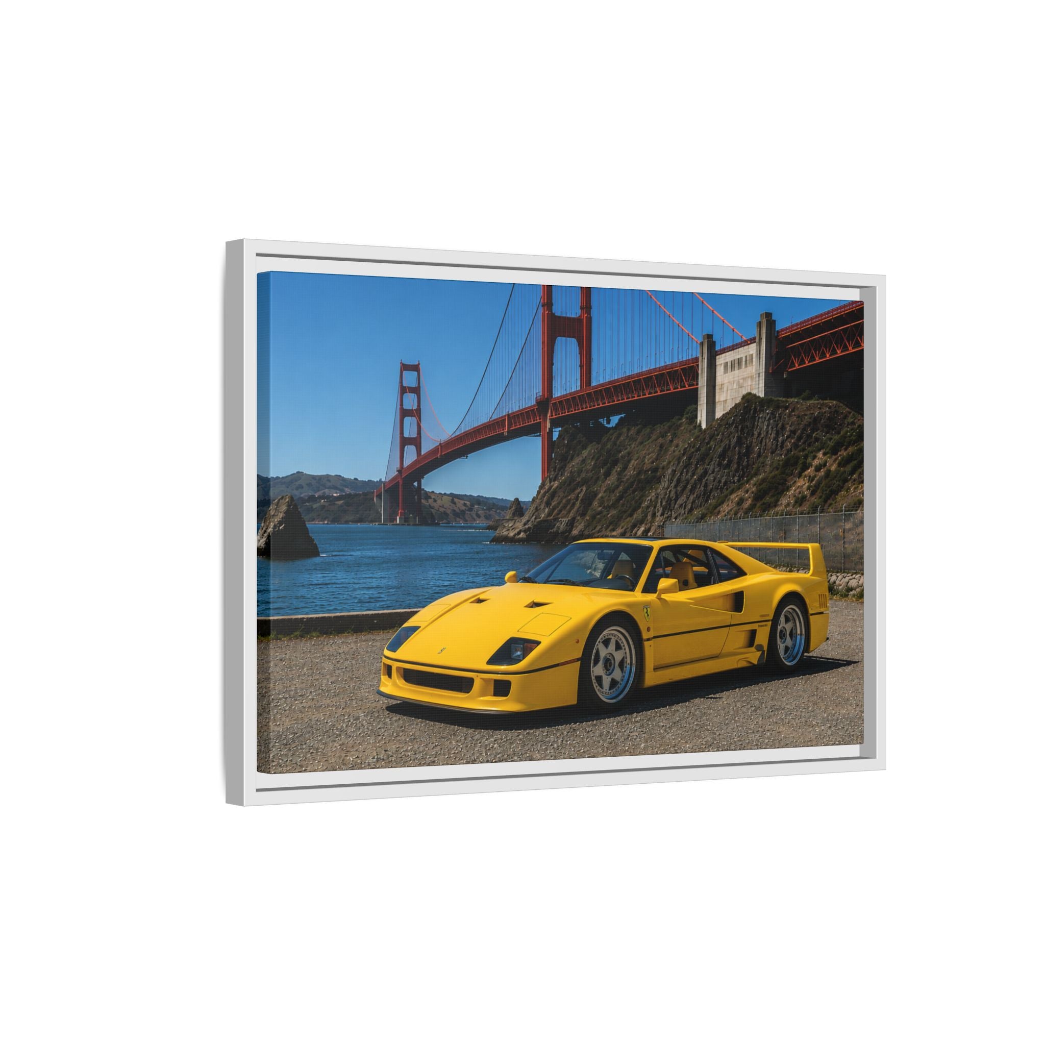Ferrari 1987 F40 — Yellow Ferrari by the Golden Gate Bridge - Stunning Framed Canvas