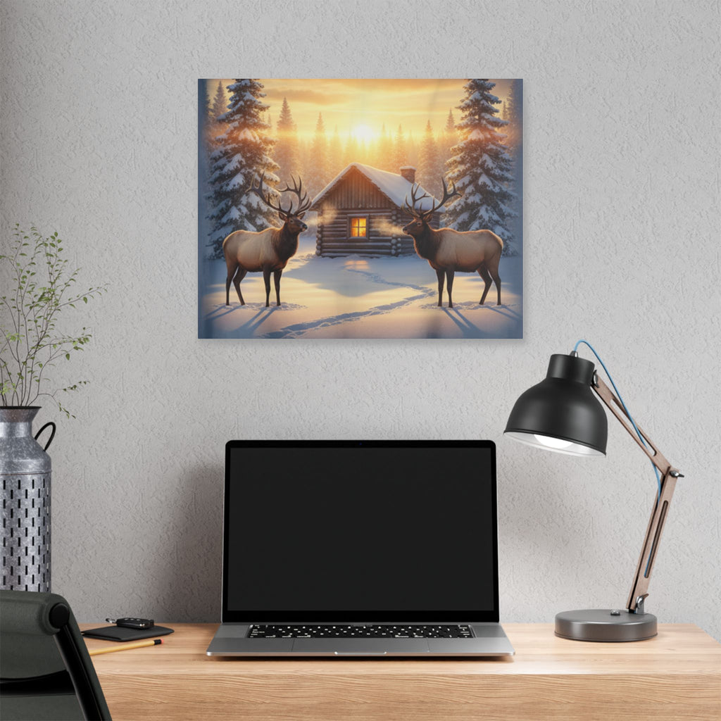 Winter Cabin Elk Canvas Wall Art – Cozy Snowy Forest Sunset Print