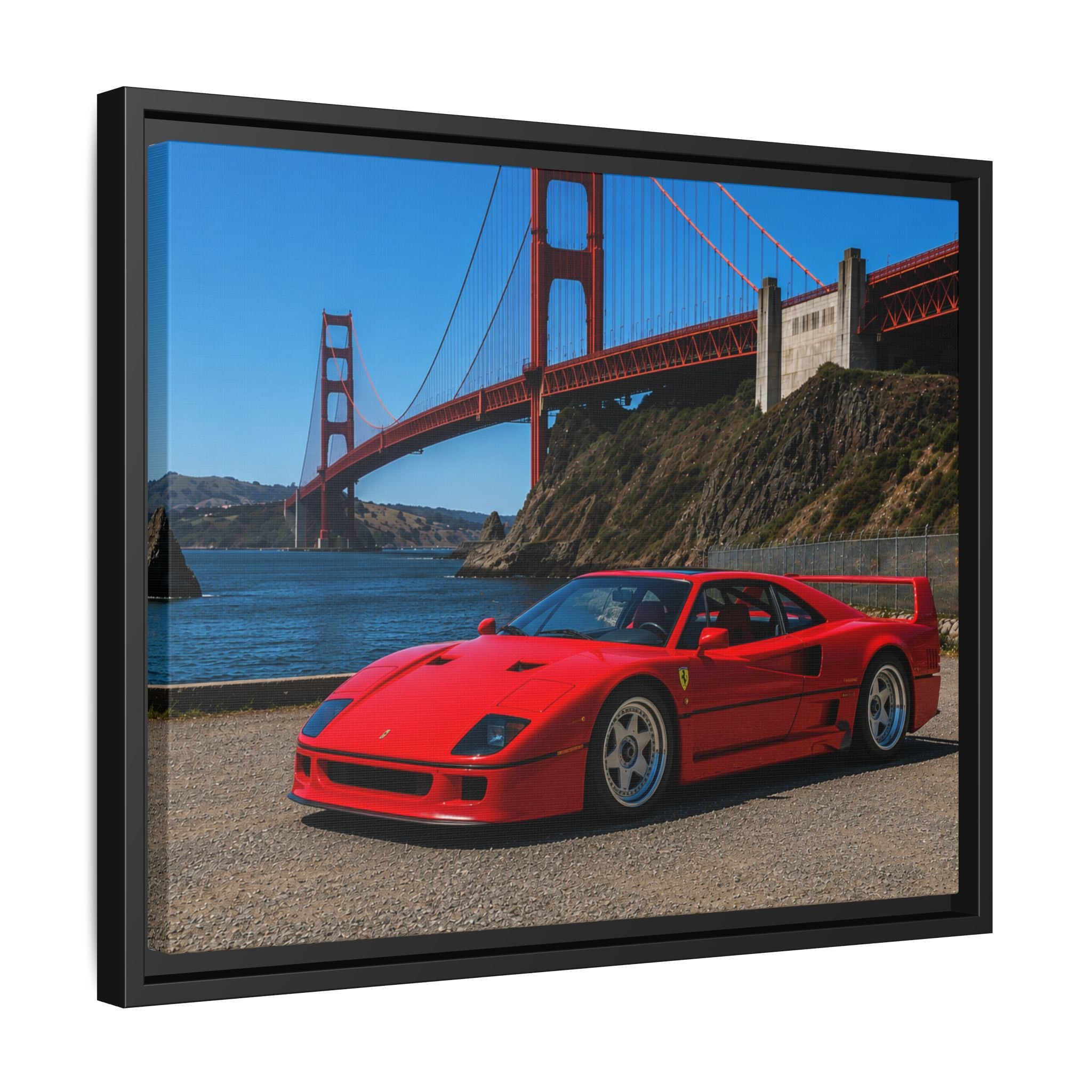 Ferrari F40 1987  — Red Sexy Sports Car by Golden Gate Bridge - Stunning Framed Canvas