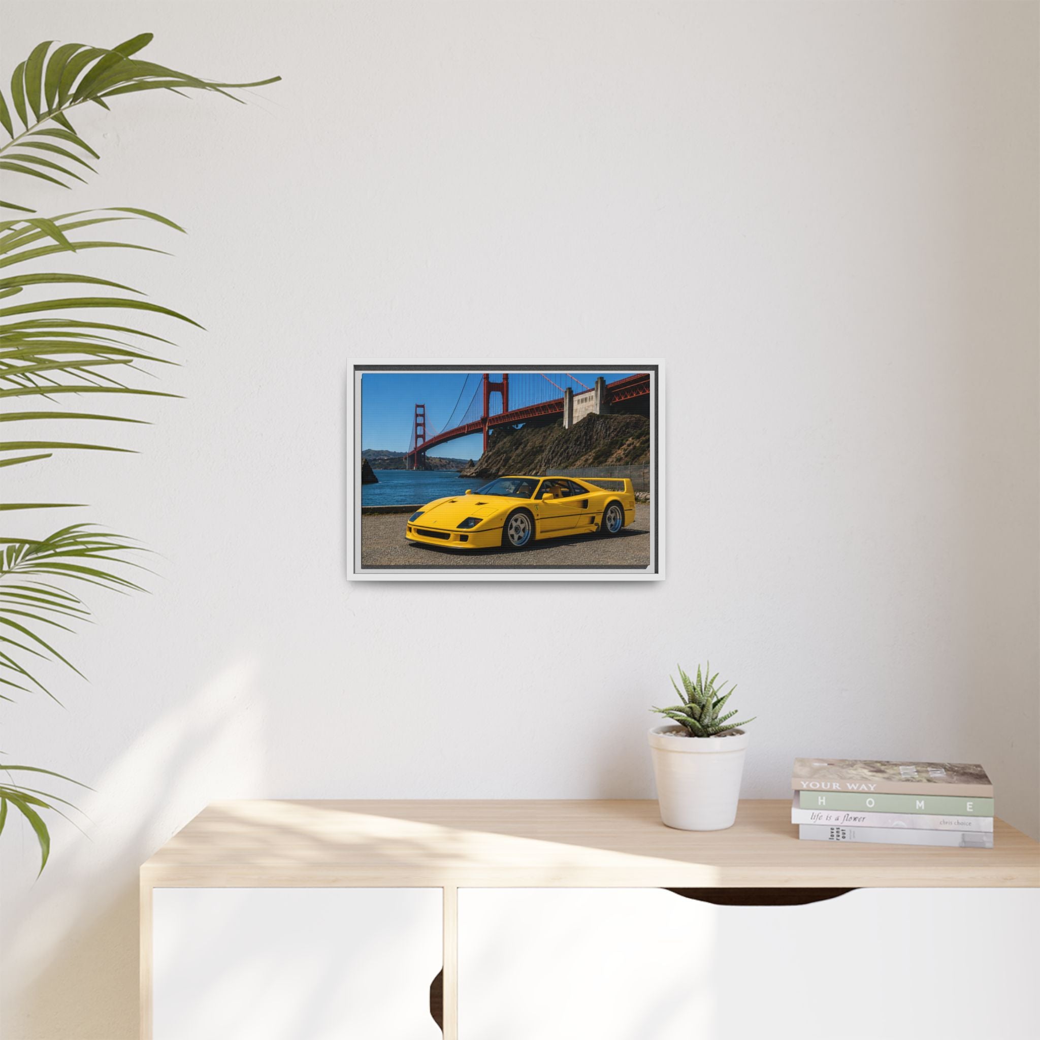 Ferrari 1987 F40 — Yellow Ferrari by the Golden Gate Bridge - Stunning Framed Canvas
