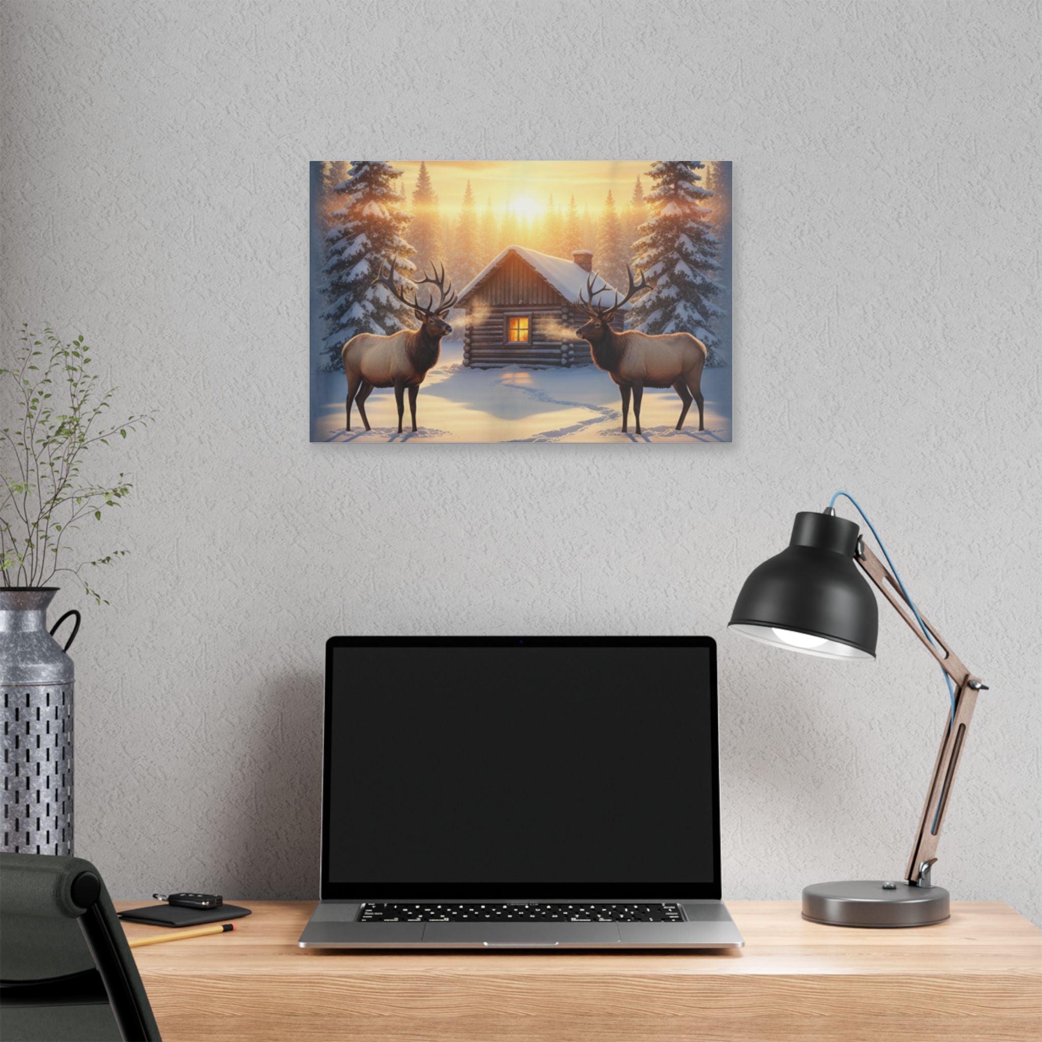 Winter Cabin Elk Canvas Wall Art – Cozy Snowy Forest Sunset Print