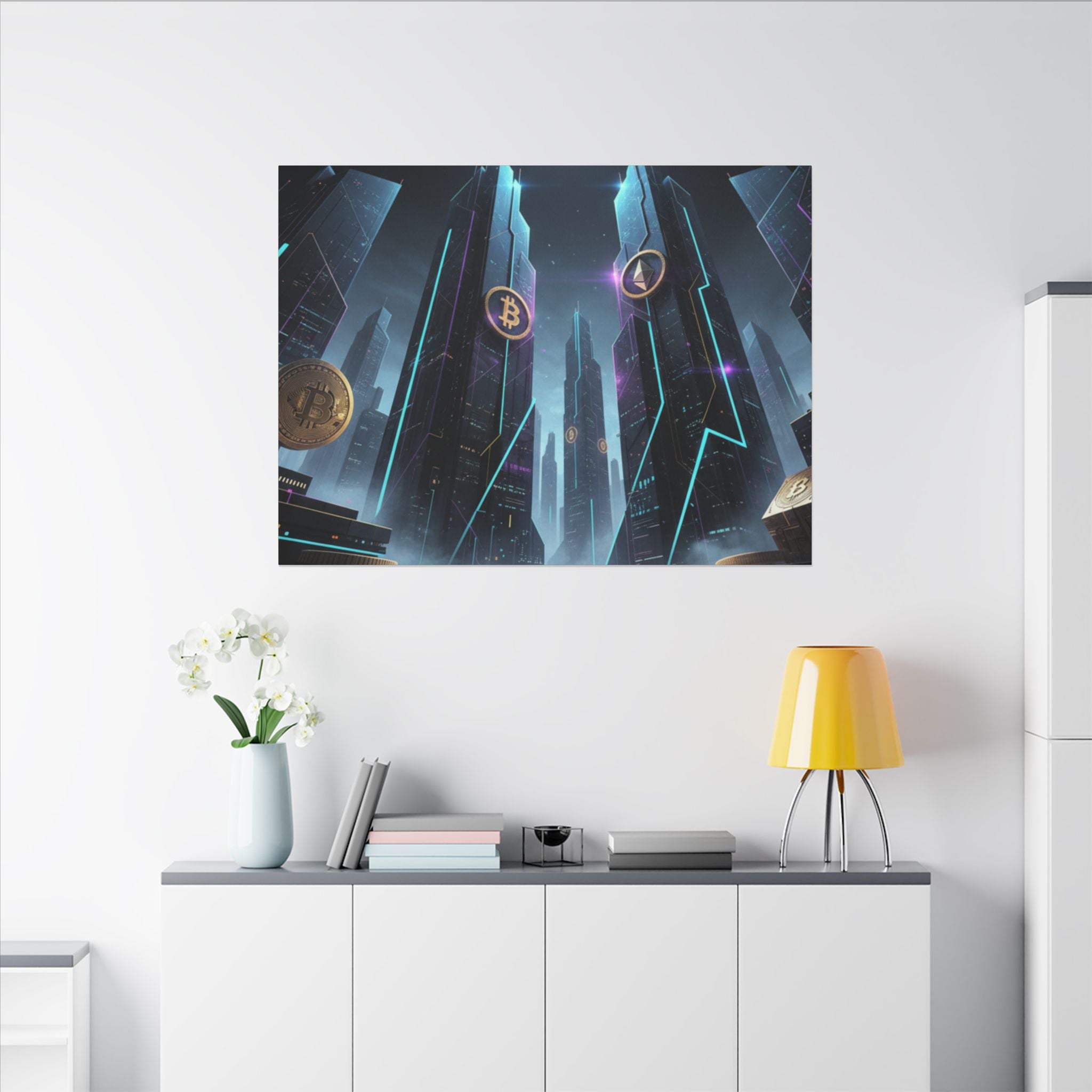 Crypto City Canvas Print — Futuristic Bitcoin & Ethereum Wall Art