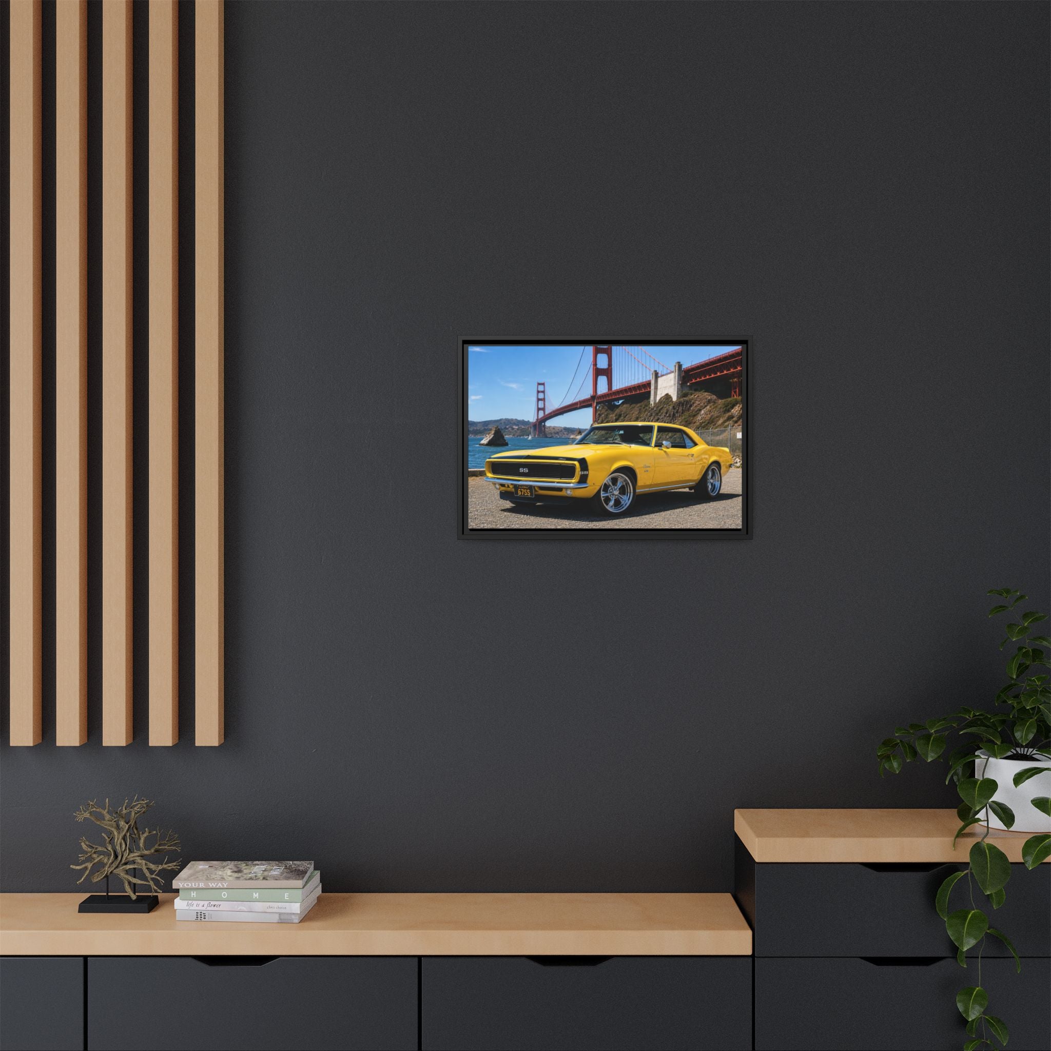 Camaro 1967 Framed Canvas – Yellow Classic "Bumble Bee" Camaro by Golden Gate Bridge