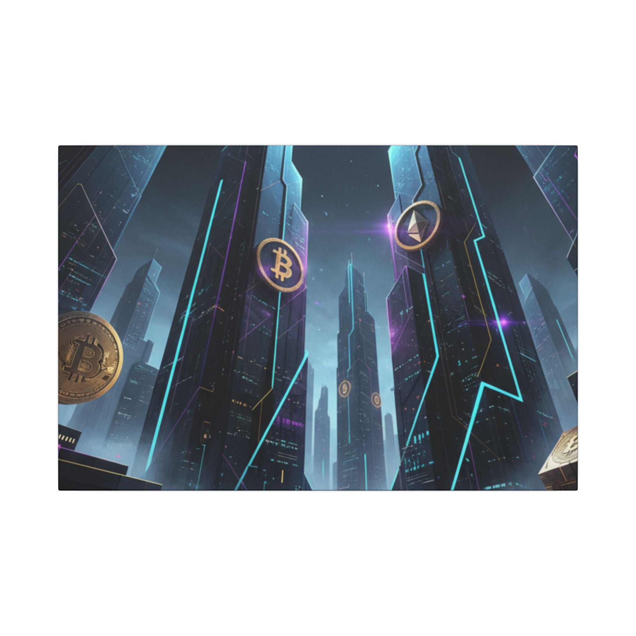 Crypto City Canvas Print — Futuristic Bitcoin & Ethereum Wall Art