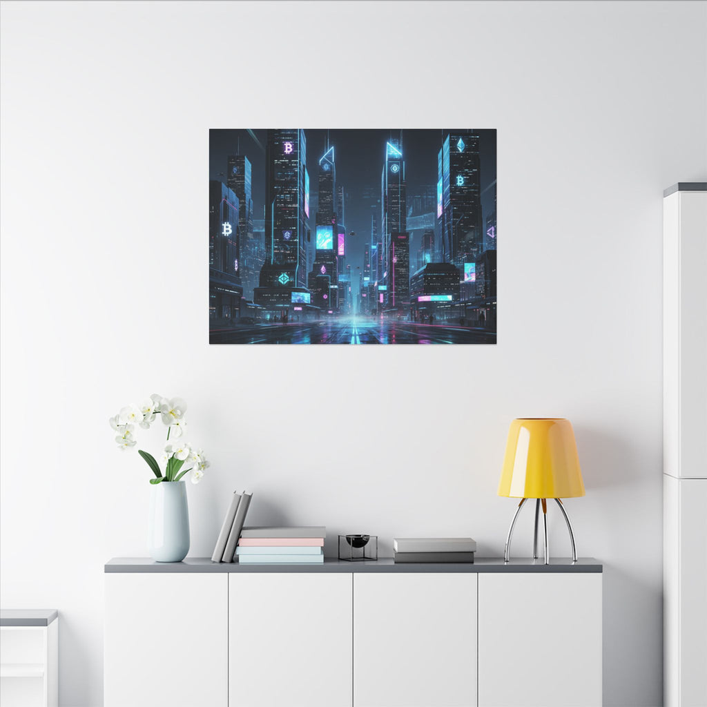 Cyberpunk Cityscape Matte Canvas Print — Neon Futuristic Skyline Wall Art