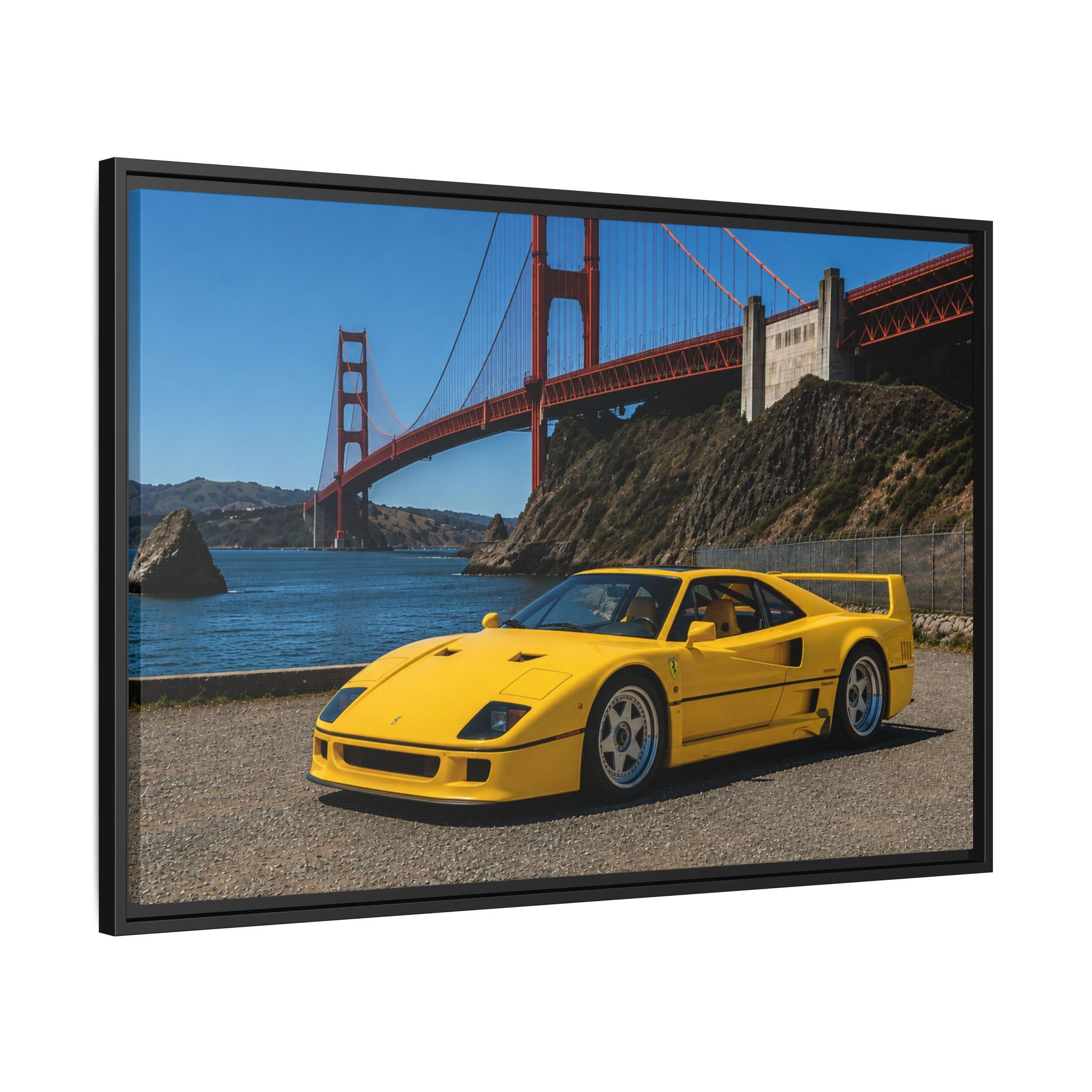 Ferrari 1987 F40 — Yellow Ferrari by the Golden Gate Bridge - Stunning Framed Canvas