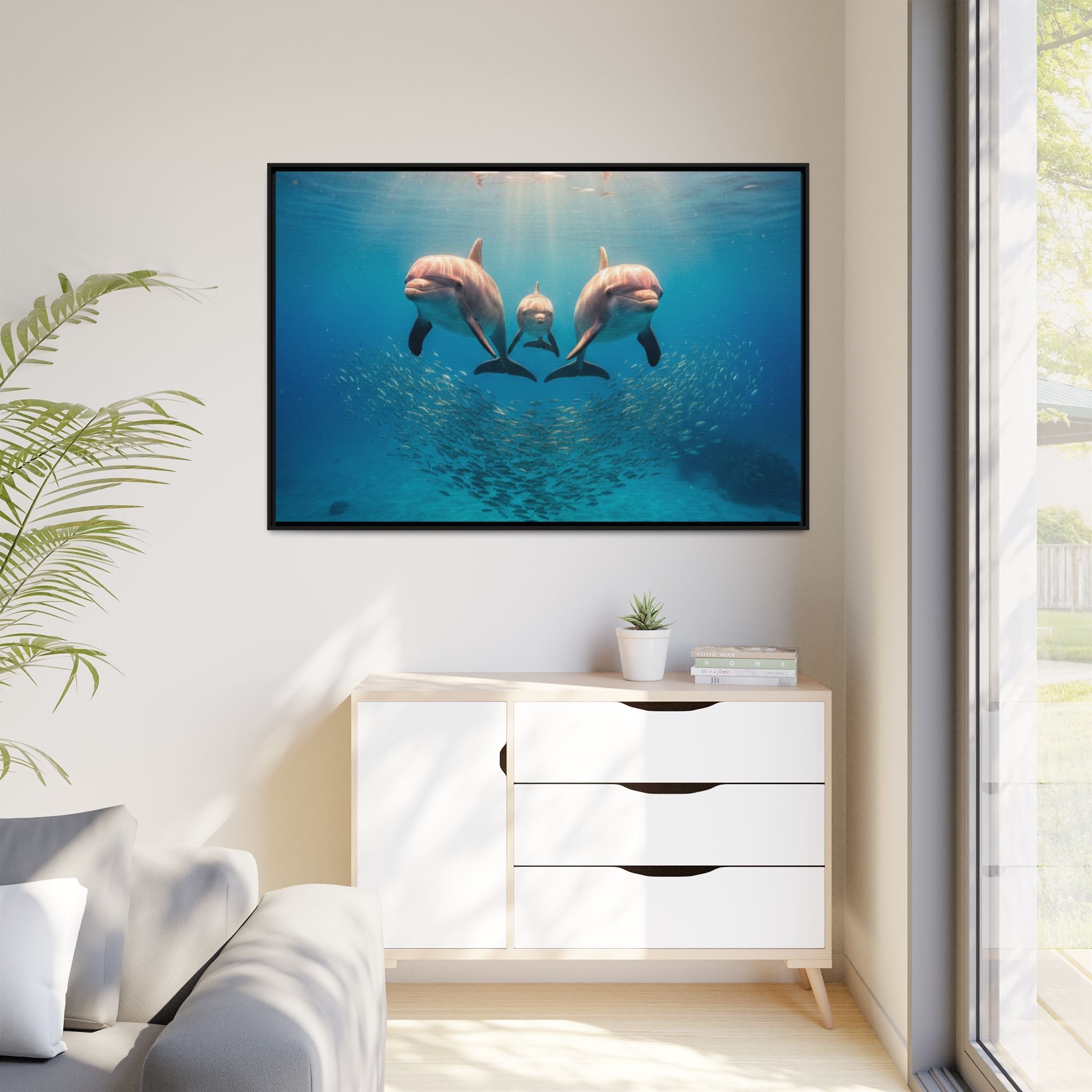 Framed Dolphin Canvas Print — Matte Ocean Wall Art