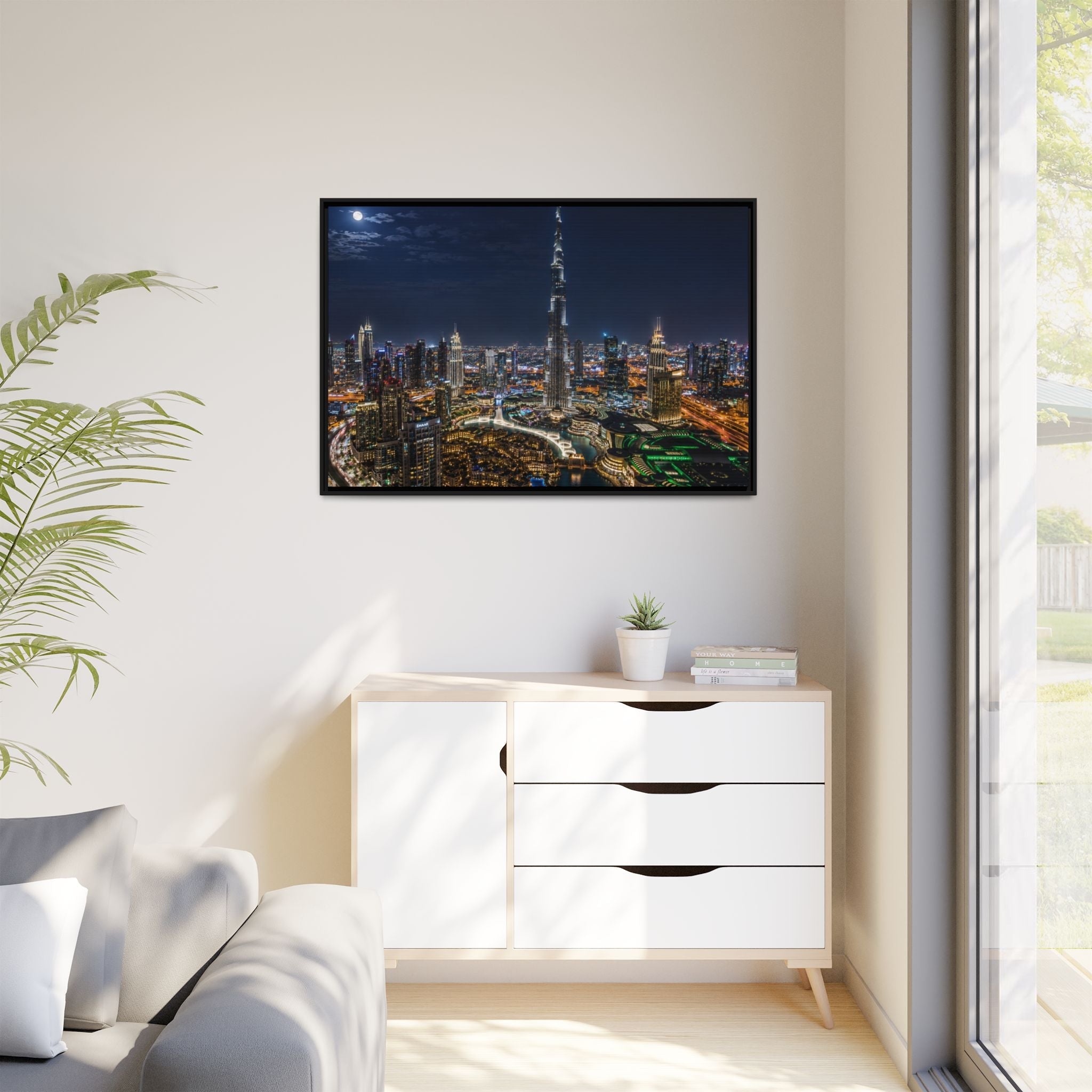 Dubai Night Skyline Matte Framed Canvas Print