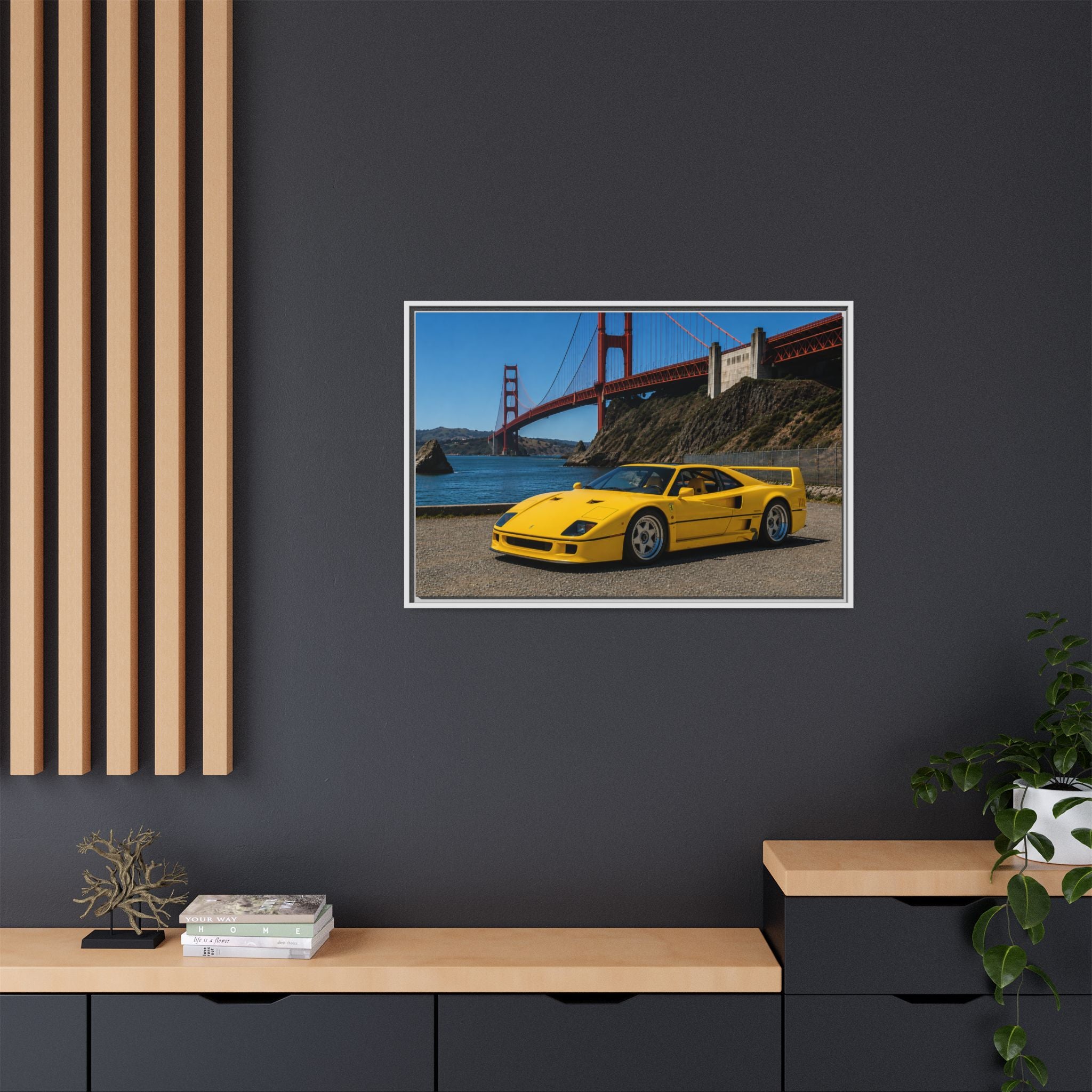 Ferrari 1987 F40 — Yellow Ferrari by the Golden Gate Bridge - Stunning Framed Canvas