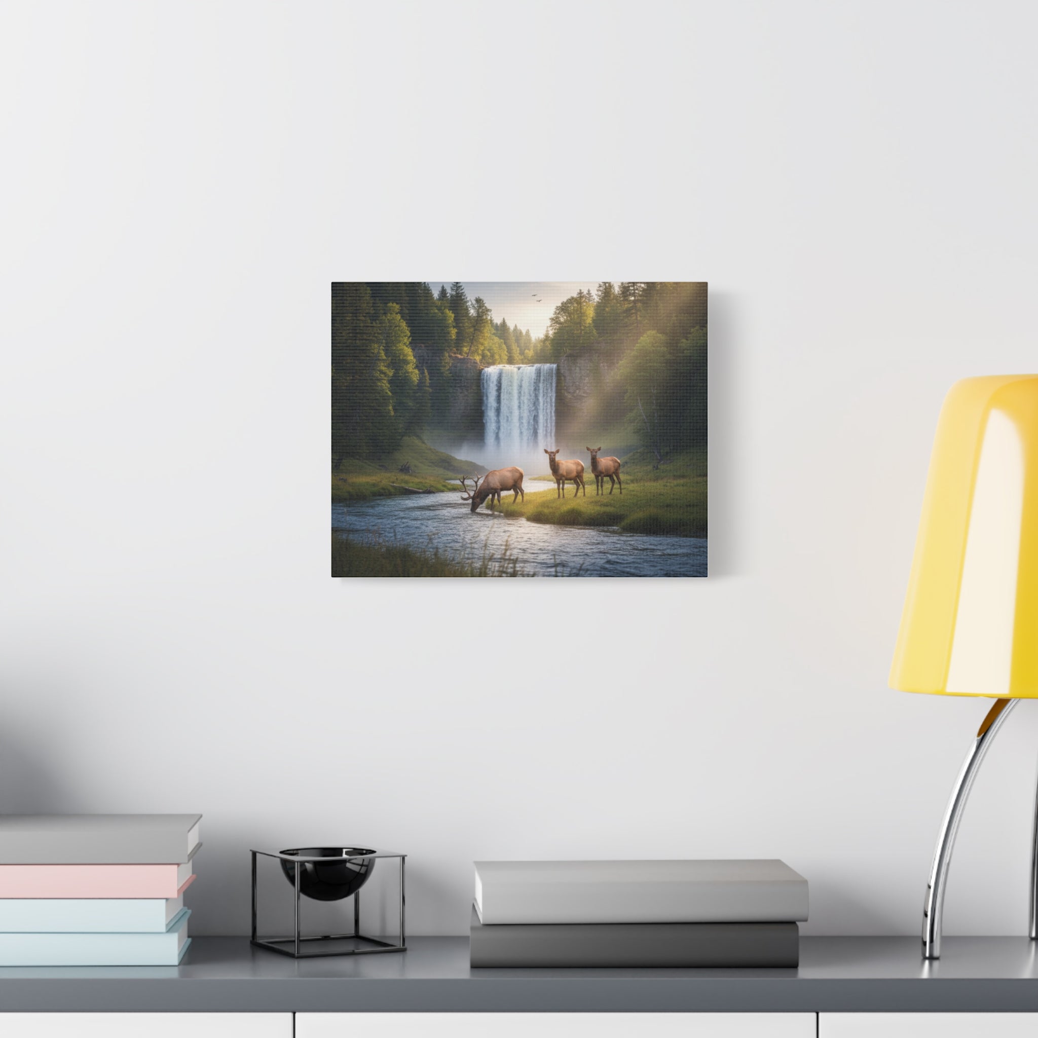 Waterfall Elk Canvas Print — Matte Stretched Wall Art