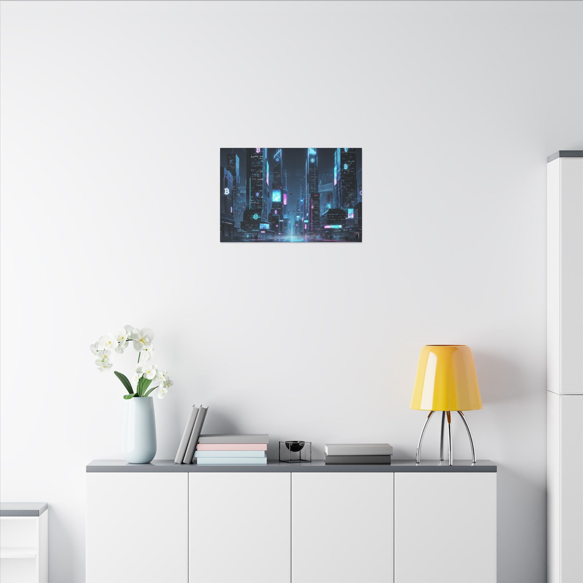 Cyberpunk Cityscape Matte Canvas Print — Neon Futuristic Skyline Wall Art