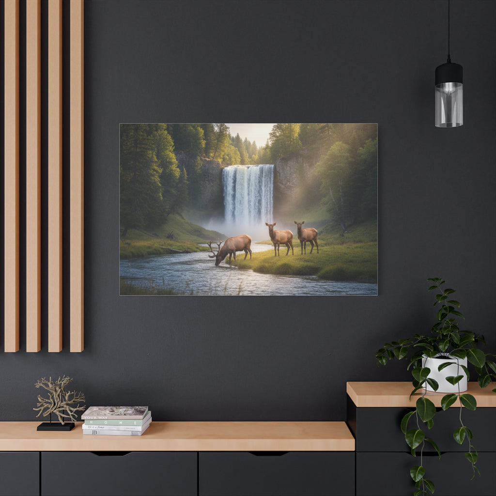 Waterfall Elk Canvas Print — Matte Stretched Wall Art