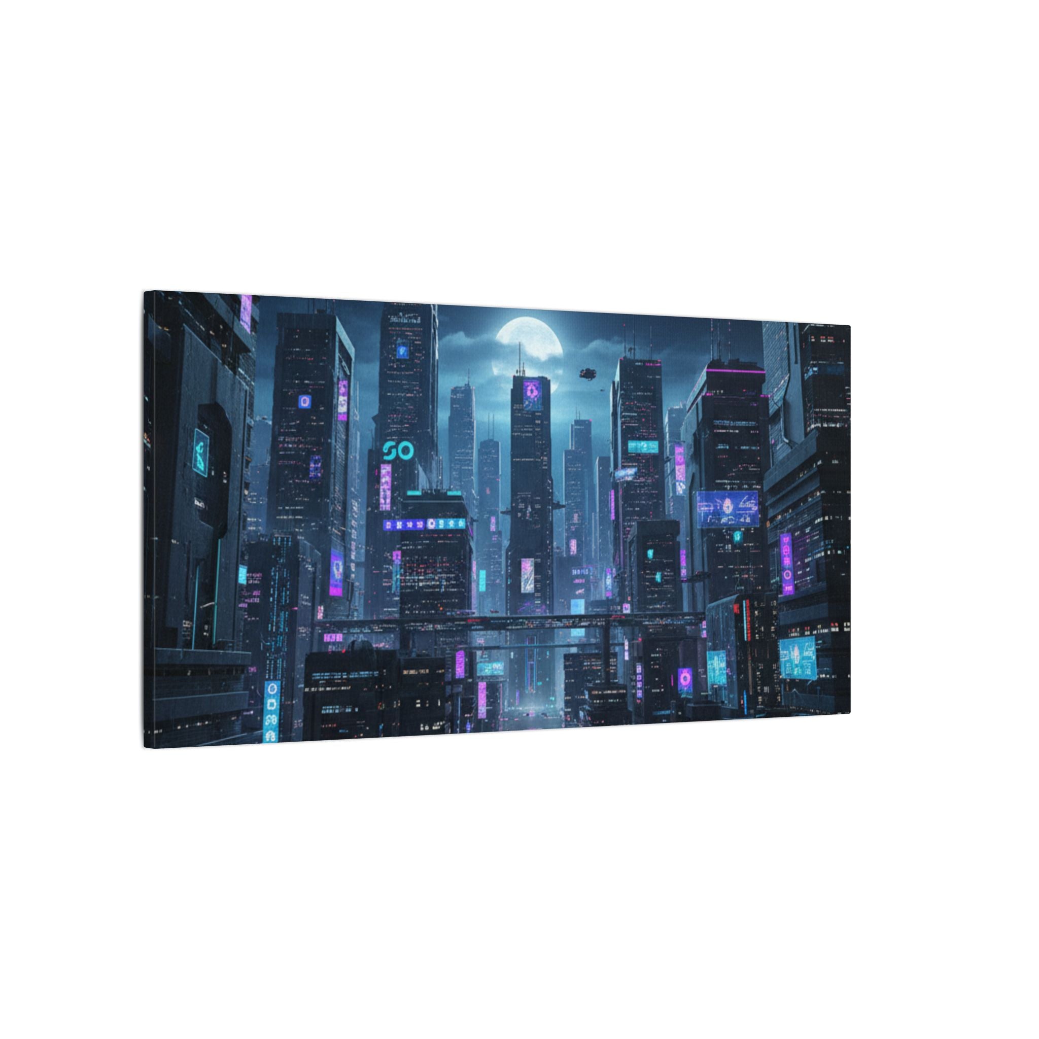 Cyberpunk Cityscape Matte Canvas Print — Neon Futuristic Wall Art